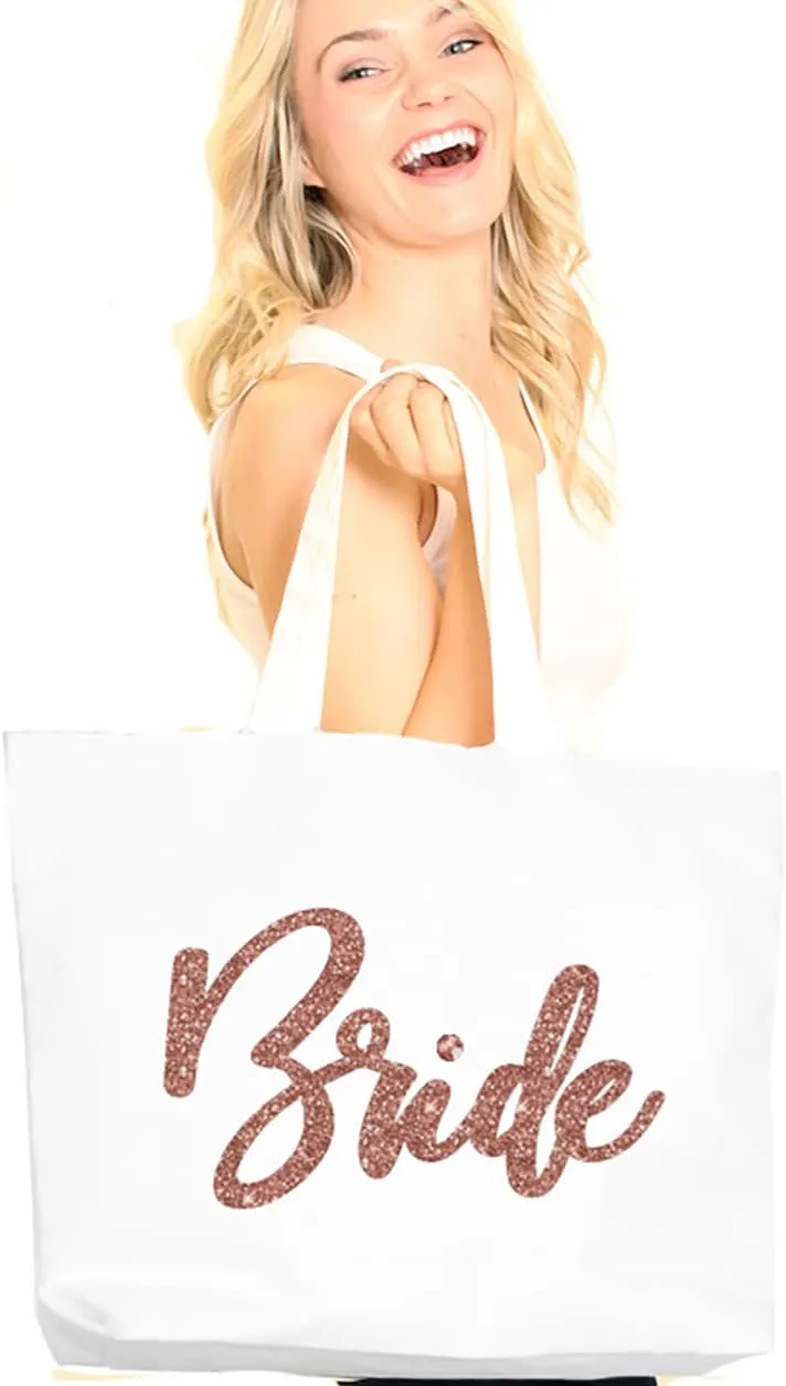 RhinestoneSash Bride Tote Bag - JUMBO SIZE 18" x 14" XL Cotton Canvas Wedding Totes - Engagement and Bridal Shower Gifts