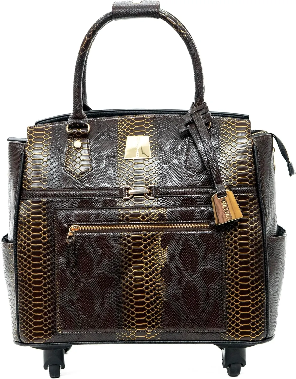 Rich Brown Snakeskin Rolling Laptop Bag for Women – 17.3" Embossed PU Leather Business Briefcase with 4 Spinner Wheels – Elegant Wheeled Travel Tote for Office and Work Trips