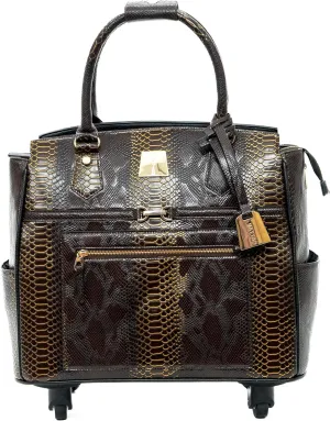 Rich Brown Snakeskin Rolling Laptop Bag for Women – 17.3" Embossed PU Leather Business Briefcase with 4 Spinner Wheels – Elegant Wheeled Travel Tote for Office and Work Trips
