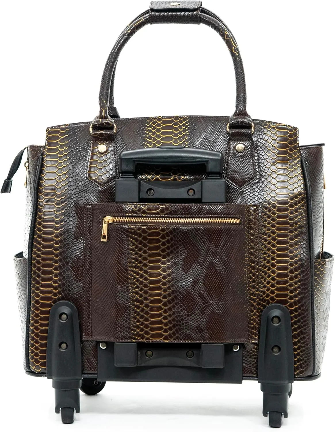 Rich Brown Snakeskin Rolling Laptop Bag for Women – 17.3" Embossed PU Leather Business Briefcase with 4 Spinner Wheels – Elegant Wheeled Travel Tote for Office and Work Trips