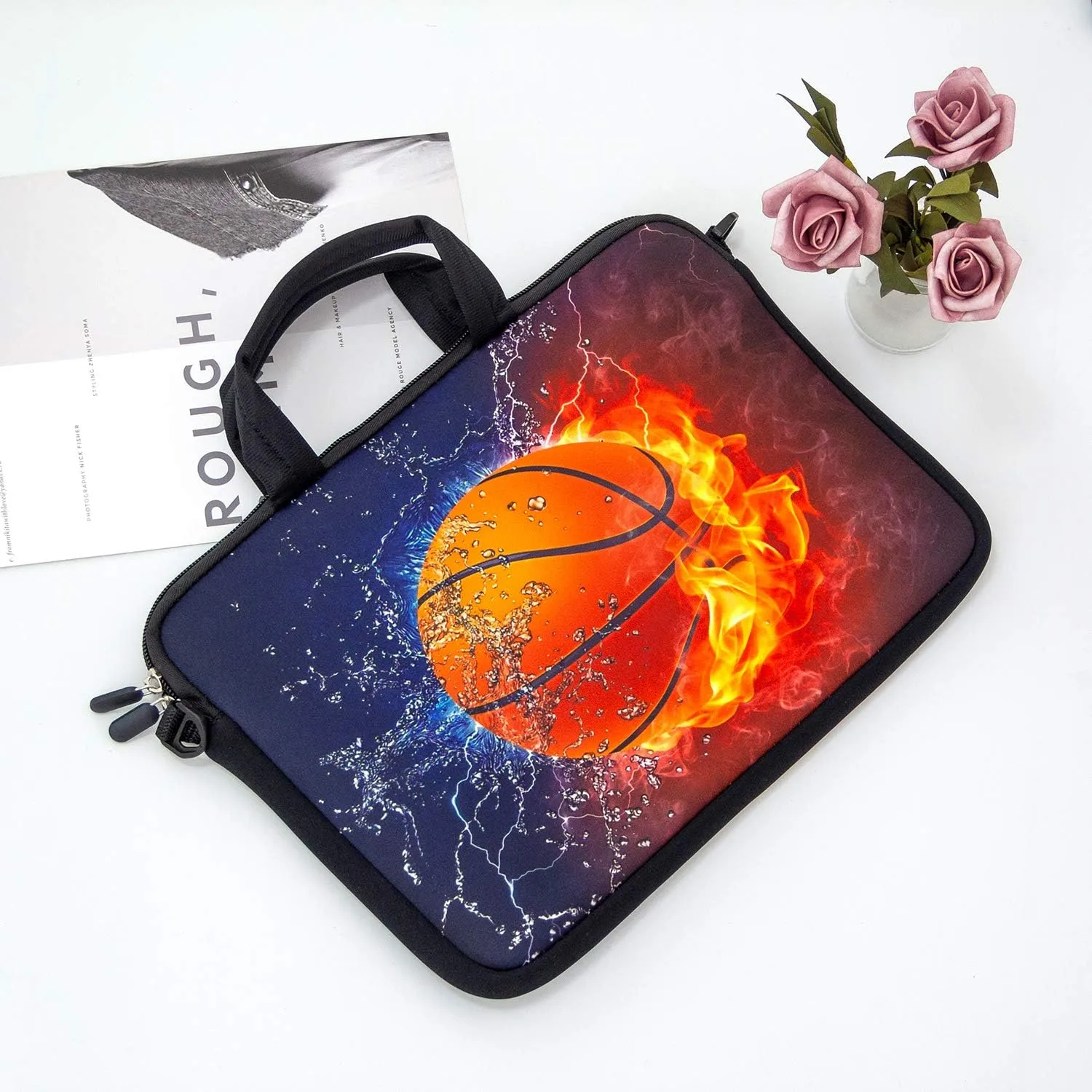 RICHEN 10 inch Messenger Bag Carrying Case Sleeve with Handle Accessory Pocket Fits 7 to 10-Inch Laptops/Notebook/Kids tablet (7-10.2 inch, Basketball Fire)