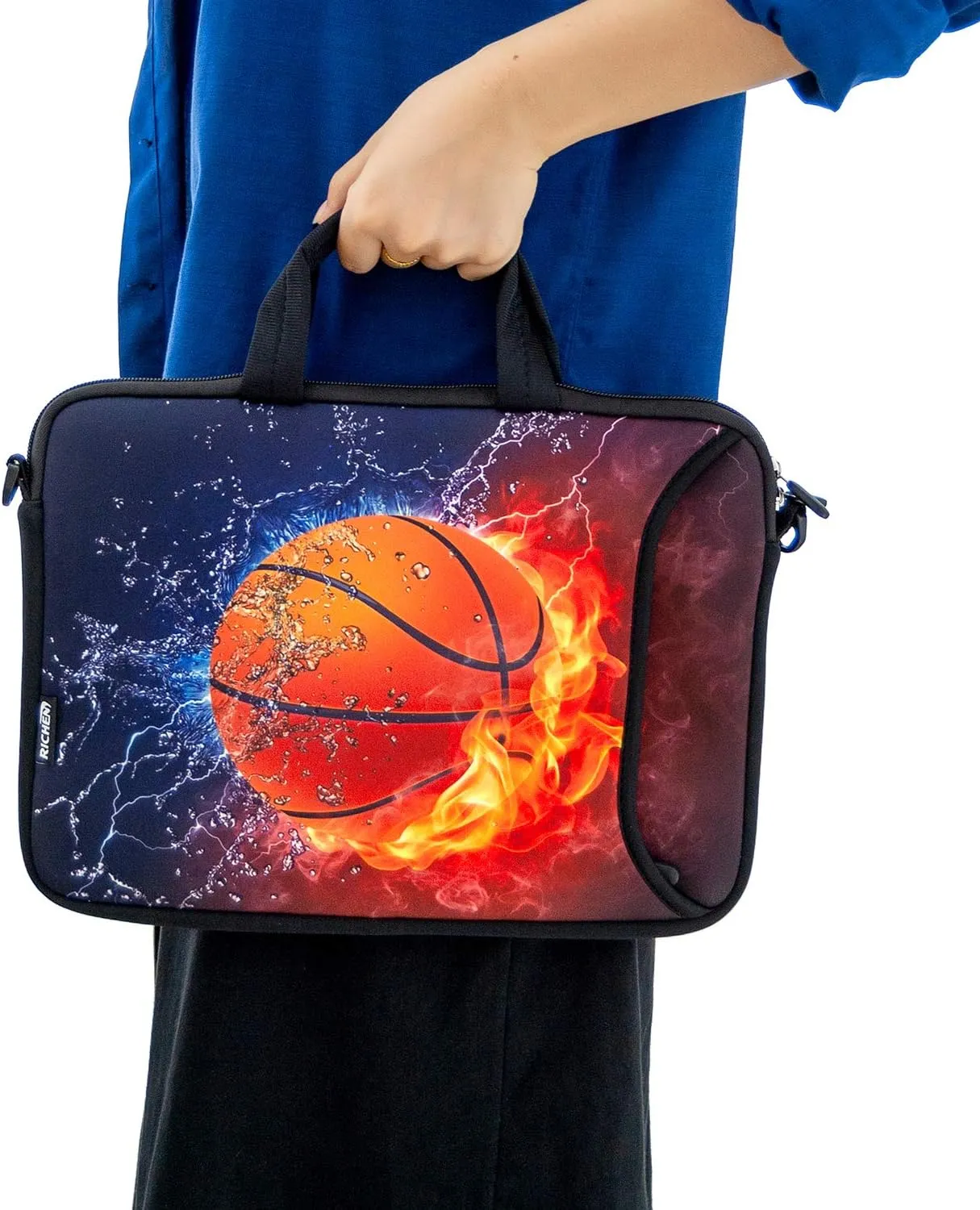 RICHEN 10 inch Messenger Bag Carrying Case Sleeve with Handle Accessory Pocket Fits 7 to 10-Inch Laptops/Notebook/Kids tablet (7-10.2 inch, Basketball Fire)