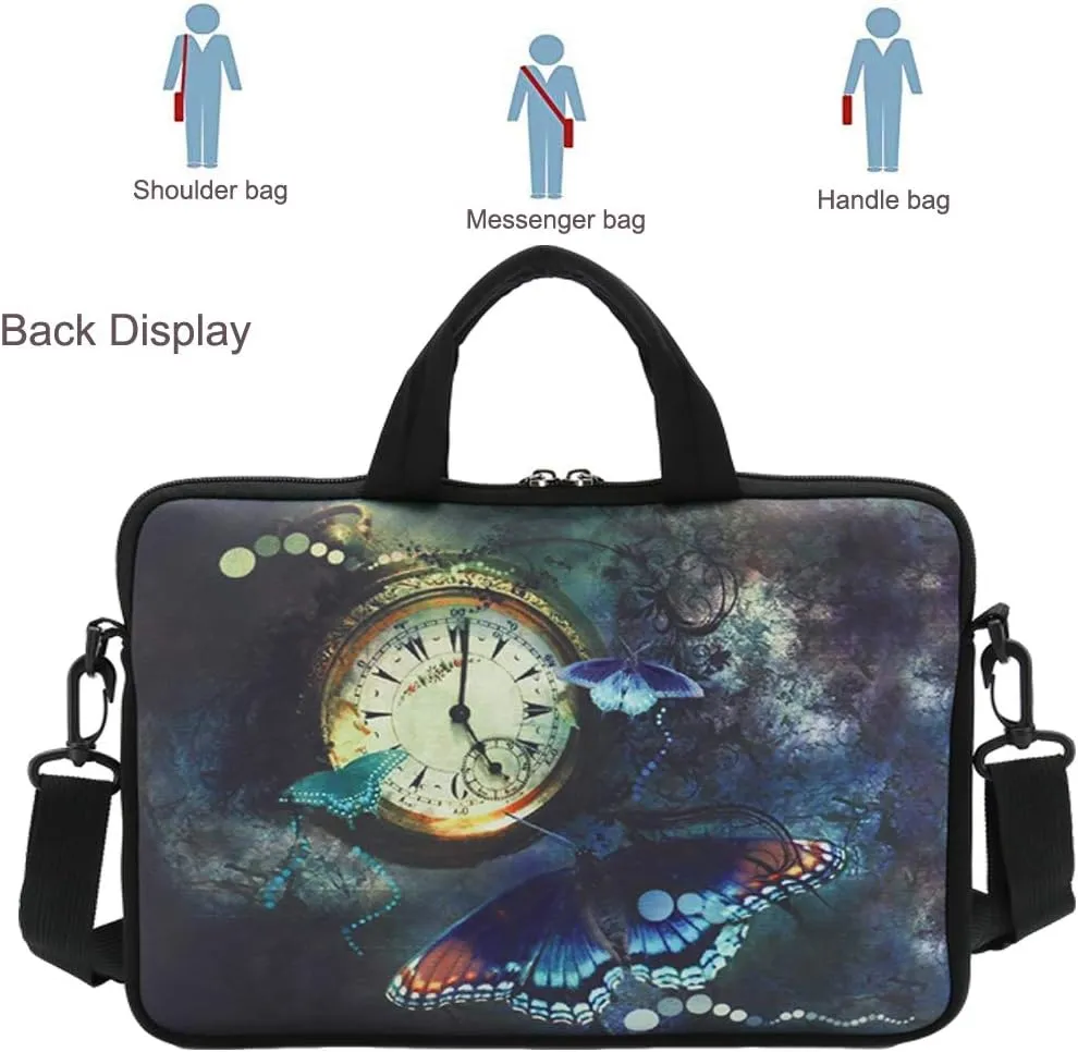 RICHEN 14 15 15.4 15.6 inch Laptop Shoulder Bag Messenger Bag Notebook Handle Sleeve Neoprene Carrying Case with Accessories pocket (14-15.6 inch, Clock & Butterfly)