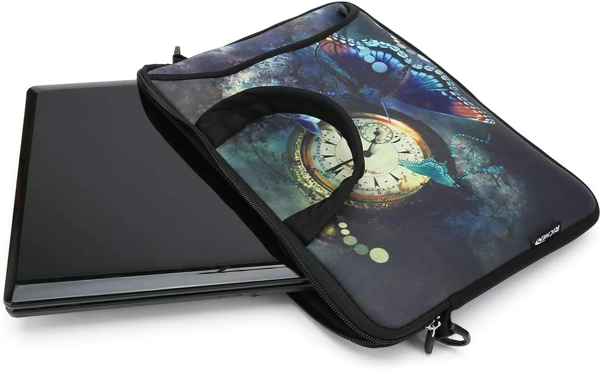 RICHEN 14 15 15.4 15.6 inch Laptop Shoulder Bag Messenger Bag Notebook Handle Sleeve Neoprene Carrying Case with Accessories pocket (14-15.6 inch, Clock & Butterfly)