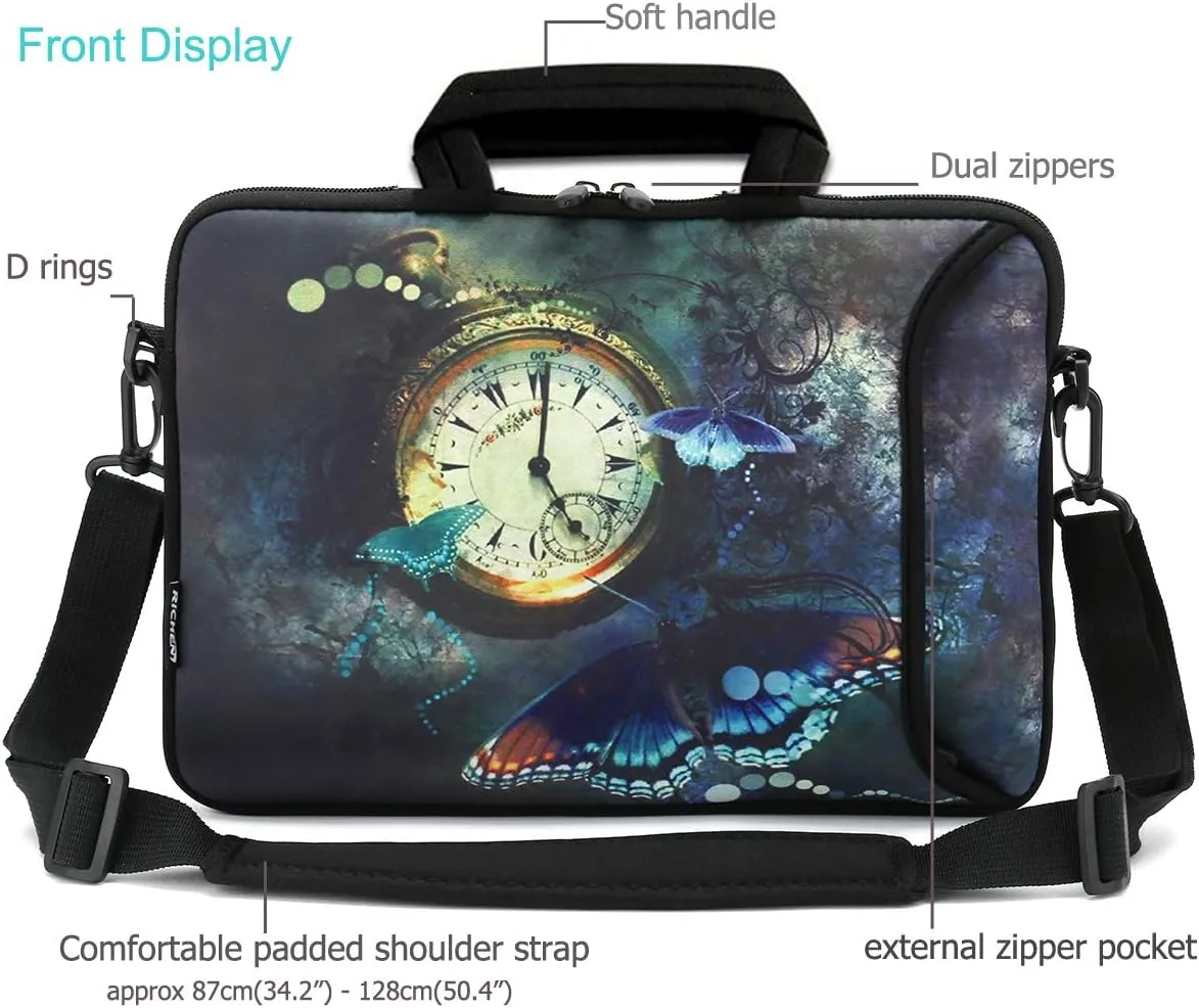 RICHEN 14 15 15.4 15.6 inch Laptop Shoulder Bag Messenger Bag Notebook Handle Sleeve Neoprene Carrying Case with Accessories pocket (14-15.6 inch, Clock & Butterfly)