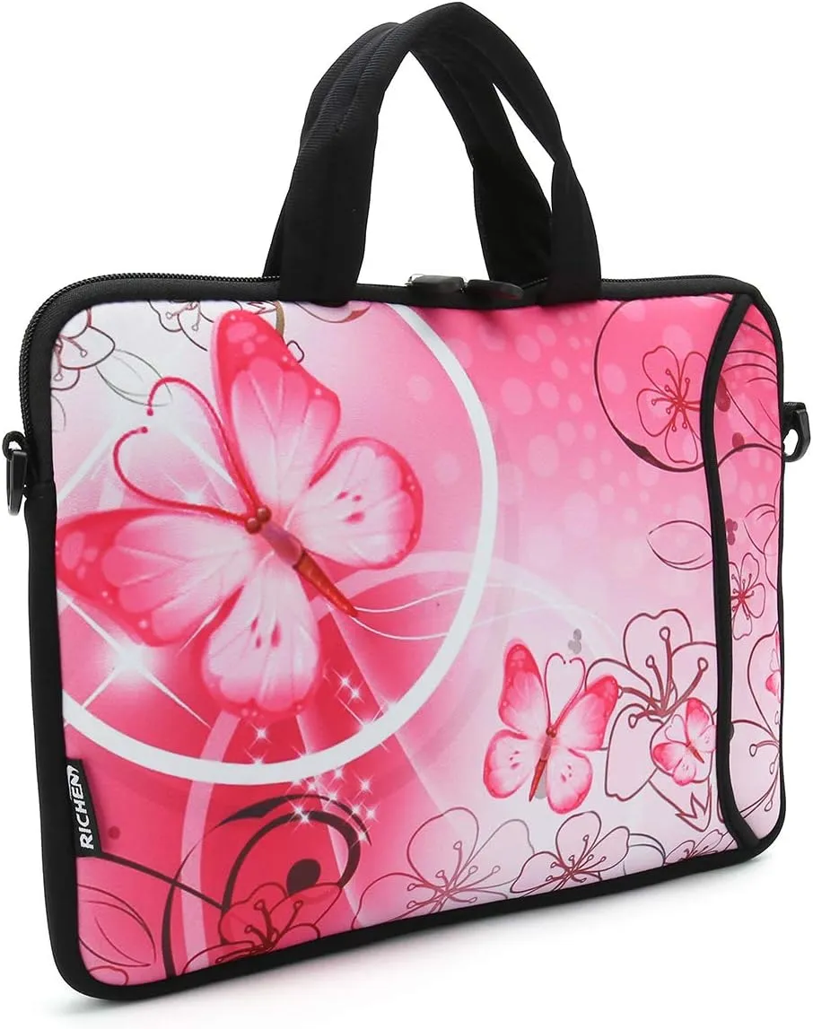 RICHEN 14 15 15.4 15.6 inch Laptop shoulder bag Notebook Handle Sleeve Neoprene Soft Carrying Travel Case with Accessories pocket (14-15.6 inch, Pink Butterfly)
