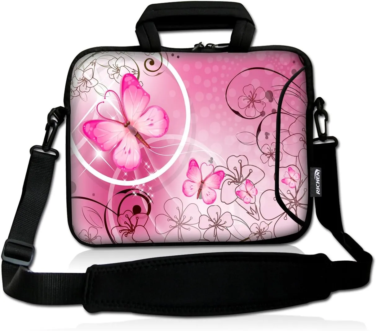 RICHEN 14 15 15.4 15.6 inch Laptop shoulder bag Notebook Handle Sleeve Neoprene Soft Carrying Travel Case with Accessories pocket (14-15.6 inch, Pink Butterfly)