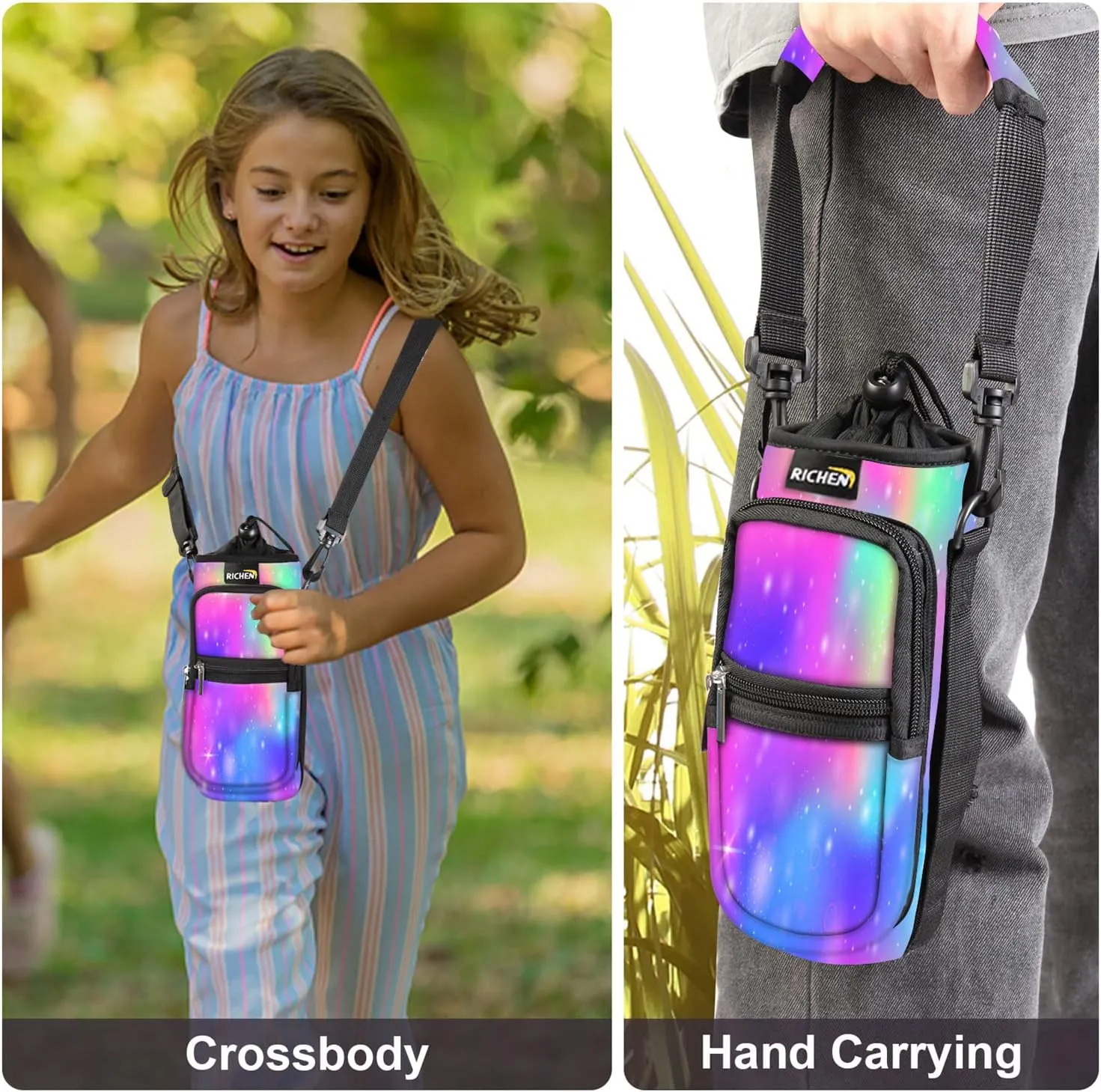 RICHEN Neoprene Water Bottle Carrier Bag 25/32/40/64 oz, Bottle Pouch Holder with Adjustable Padded Shoulder & Handle Strap and Front Pockets for Men/Women Hiking Travelling Camping