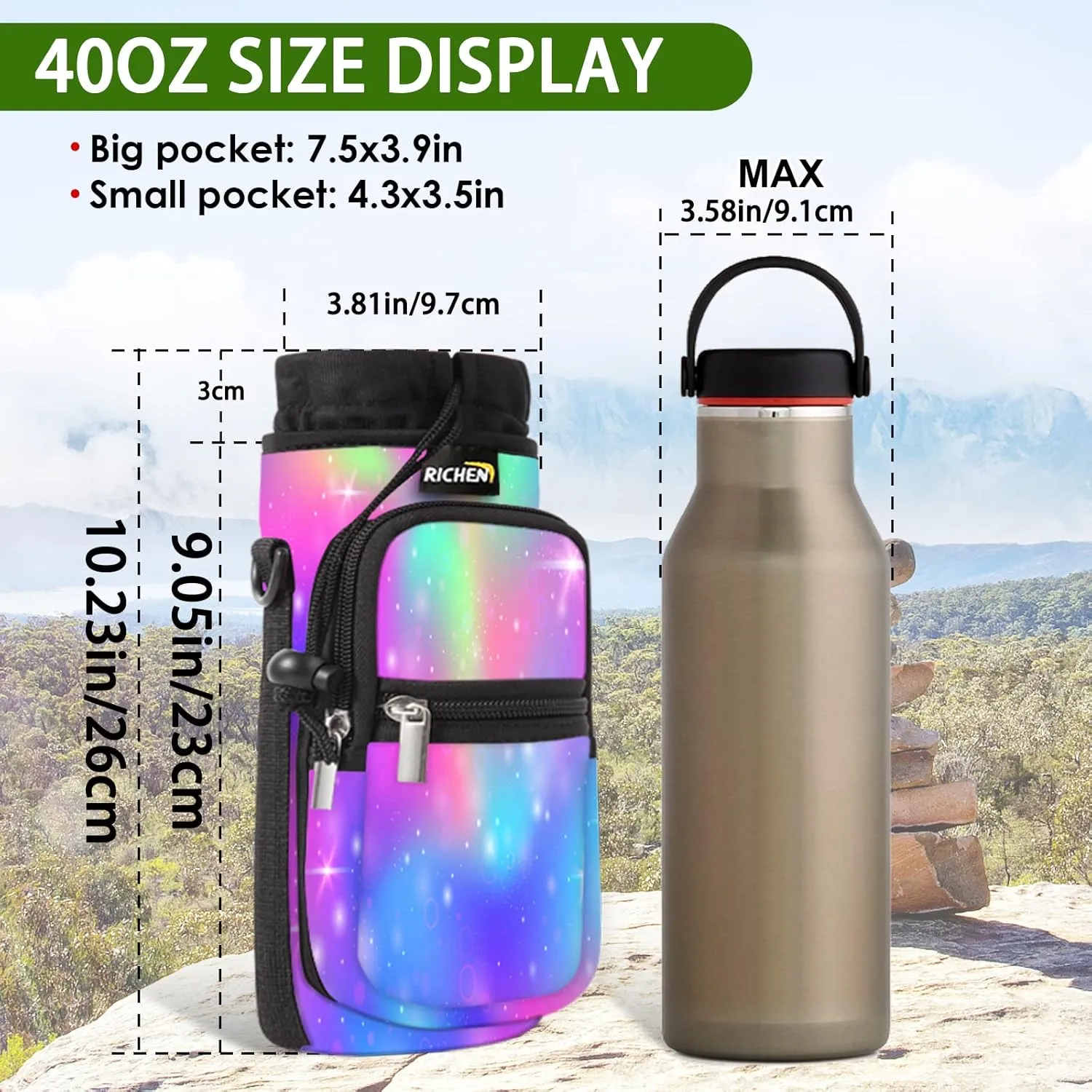 RICHEN Neoprene Water Bottle Carrier Bag 25/32/40/64 oz, Bottle Pouch Holder with Adjustable Padded Shoulder & Handle Strap and Front Pockets for Men/Women Hiking Travelling Camping