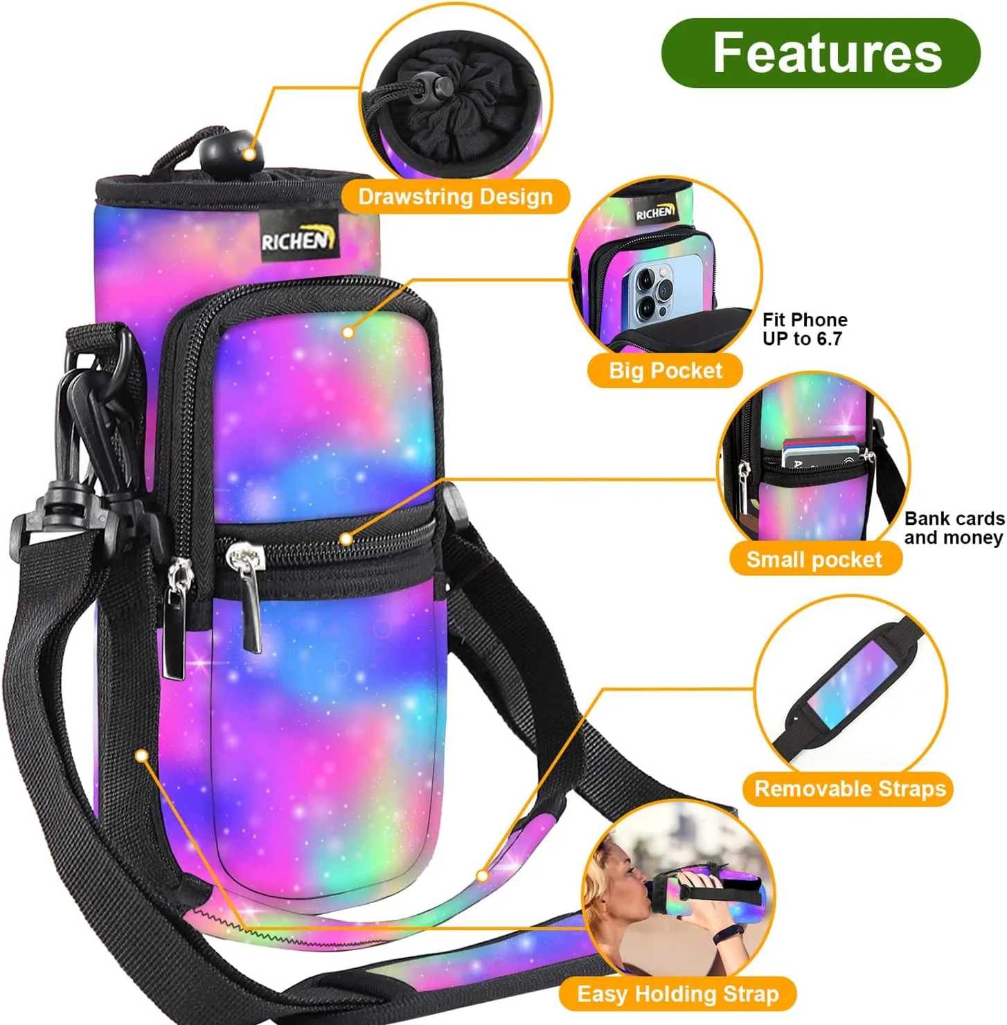 RICHEN Neoprene Water Bottle Carrier Bag 25/32/40/64 oz, Bottle Pouch Holder with Adjustable Padded Shoulder & Handle Strap and Front Pockets for Men/Women Hiking Travelling Camping