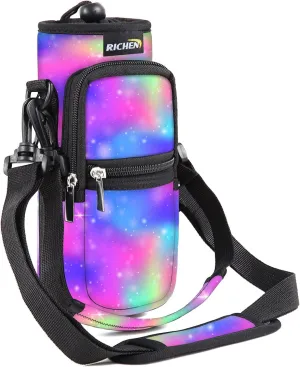RICHEN Neoprene Water Bottle Carrier Bag 25/32/40/64 oz, Bottle Pouch Holder with Adjustable Padded Shoulder & Handle Strap and Front Pockets for Men/Women Hiking Travelling Camping