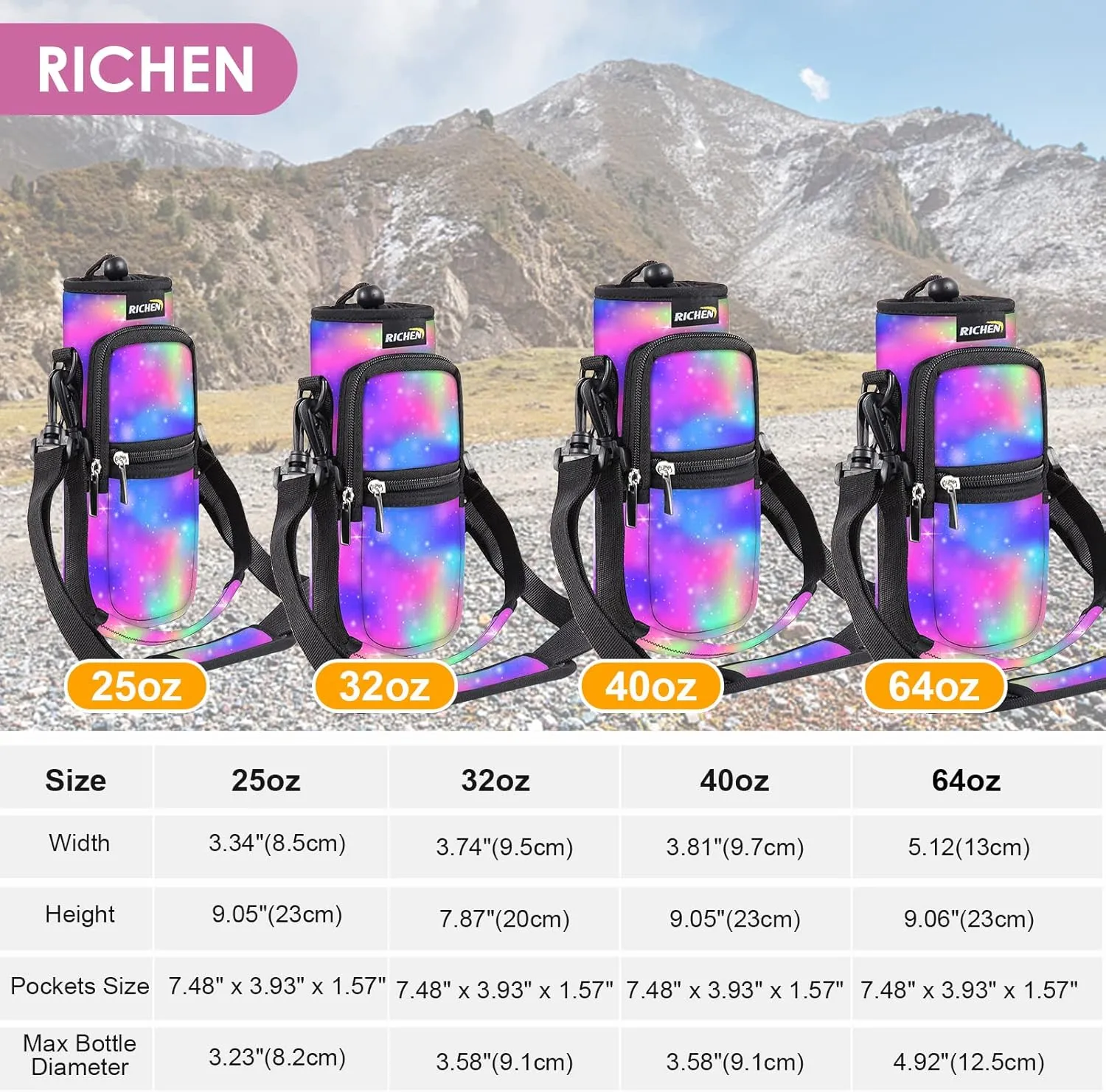 RICHEN Neoprene Water Bottle Carrier Bag 25/32/40/64 oz, Bottle Pouch Holder with Adjustable Padded Shoulder & Handle Strap and Front Pockets for Men/Women Hiking Travelling Camping