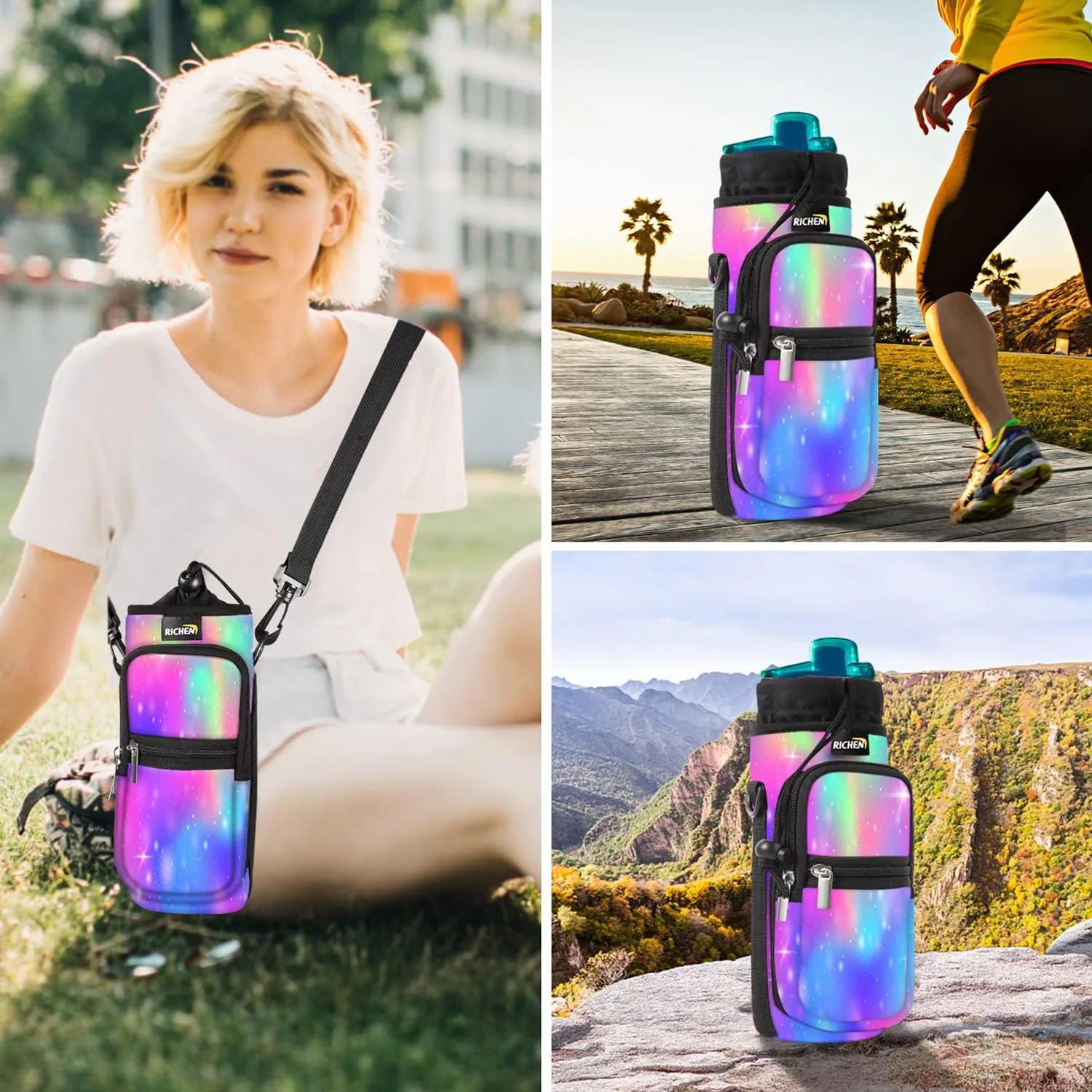 RICHEN Neoprene Water Bottle Carrier Bag 25/32/40/64 oz, Bottle Pouch Holder with Adjustable Padded Shoulder & Handle Strap and Front Pockets for Men/Women Hiking Travelling Camping