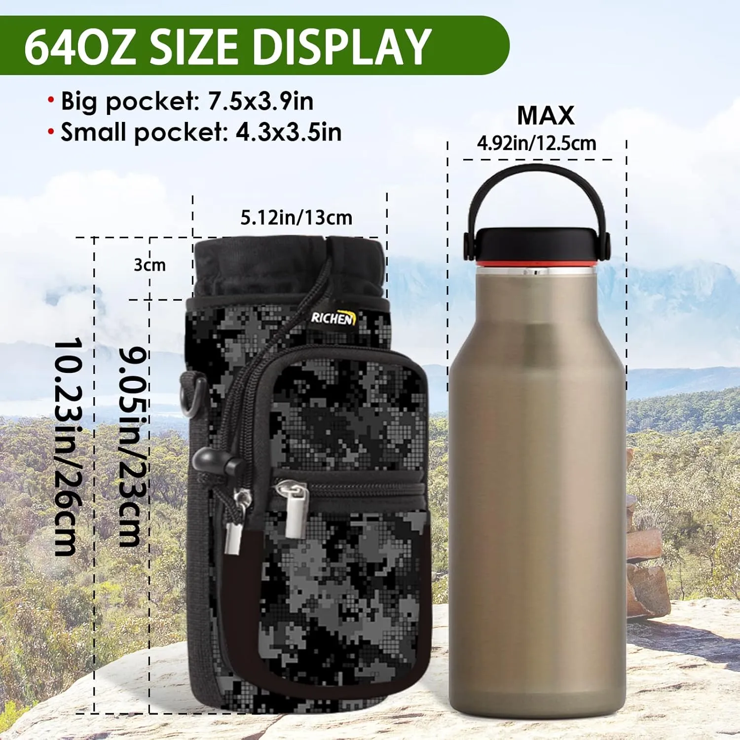 RICHEN Neoprene Water Bottle Carrier Bag 25/32/40/64 oz, Bottle Pouch Holder with Adjustable Padded Shoulder & Handle Strap and Front Pockets for Men/Women Hiking Travelling Camping