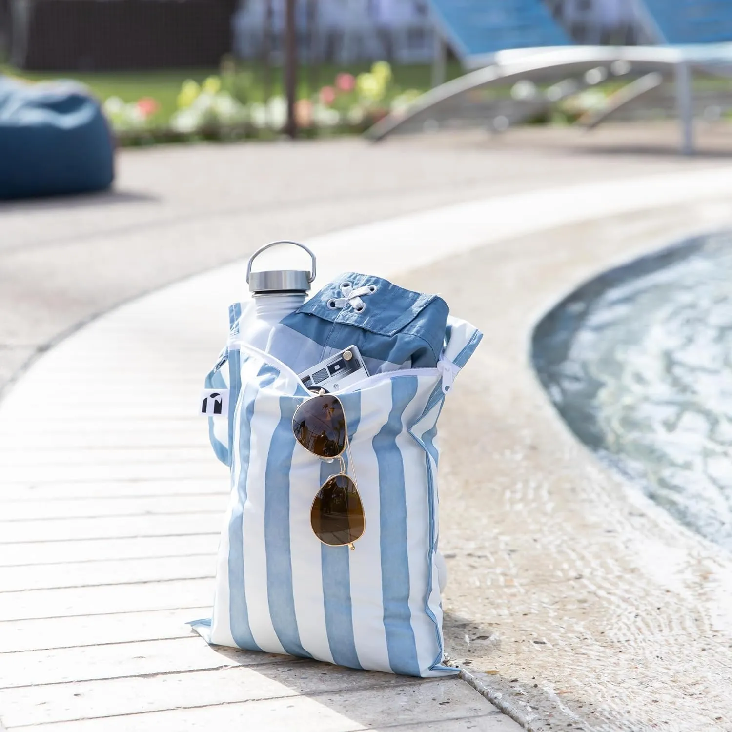 Roamio Waterproof Wet Bag for Baby, Travel, Swim Suit, Cloth Diapers, Pump Parts, Pool, Beach, Gym Clothes, Toiletry, Hook to Stroller, Daycare, Zip Reusable Wetdry Pack, 2-pk Blue Stripes and Shells