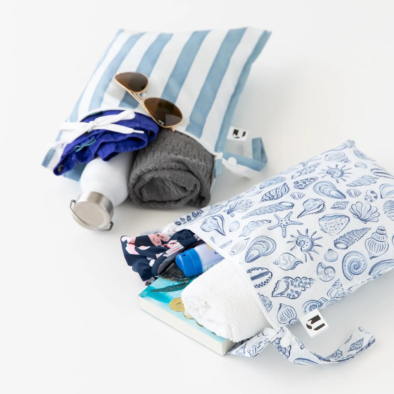 Roamio Waterproof Wet Bag for Baby, Travel, Swim Suit, Cloth Diapers, Pump Parts, Pool, Beach, Gym Clothes, Toiletry, Hook to Stroller, Daycare, Zip Reusable Wetdry Pack, 2-pk Blue Stripes and Shells