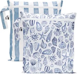 Roamio Waterproof Wet Bag for Baby, Travel, Swim Suit, Cloth Diapers, Pump Parts, Pool, Beach, Gym Clothes, Toiletry, Hook to Stroller, Daycare, Zip Reusable Wetdry Pack, 2-pk Blue Stripes and Shells