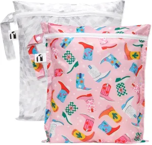 Roamio Waterproof Wet Bag for Baby, Travel, Swim Suit, Cloth Diapers, Pump Parts, Pool, Beach, Gym Clothes, Toiletry, Hook to Stroller, Daycare, Zip Reusable Wetdry Pack, 2-pk Cowgirl Boots and Disco