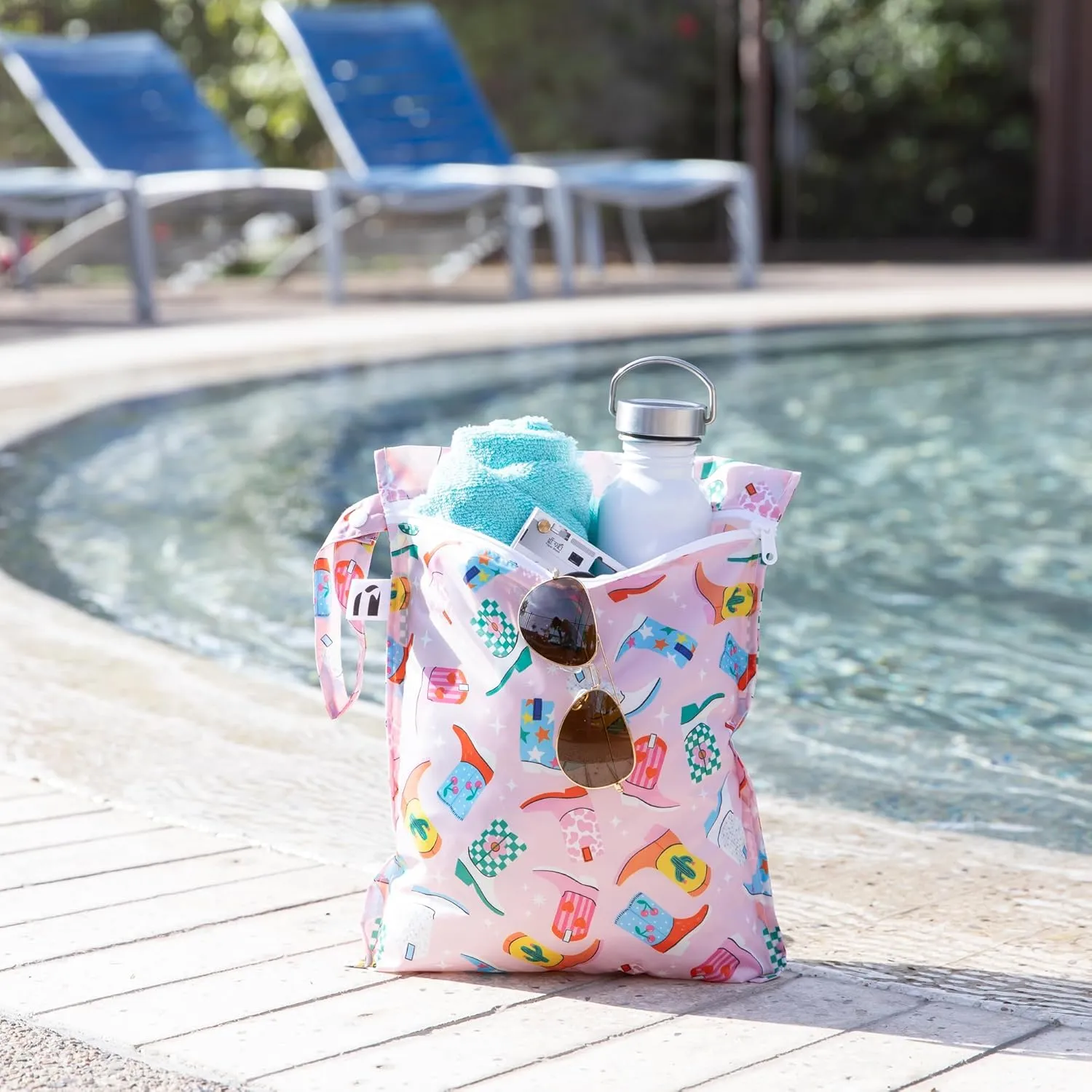 Roamio Waterproof Wet Bag for Baby, Travel, Swim Suit, Cloth Diapers, Pump Parts, Pool, Beach, Gym Clothes, Toiletry, Hook to Stroller, Daycare, Zip Reusable Wetdry Pack, 2-pk Cowgirl Boots and Disco