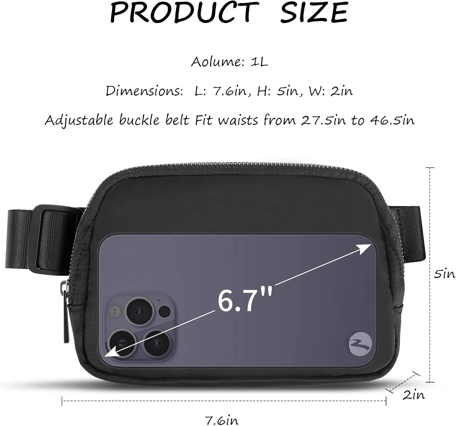 Rolapa Belt Bag, Waist Pack with Adjustable Strap for Men and Women, Mini Crossbody Bag for Travelling, Running, Hiking and Workout (Black)