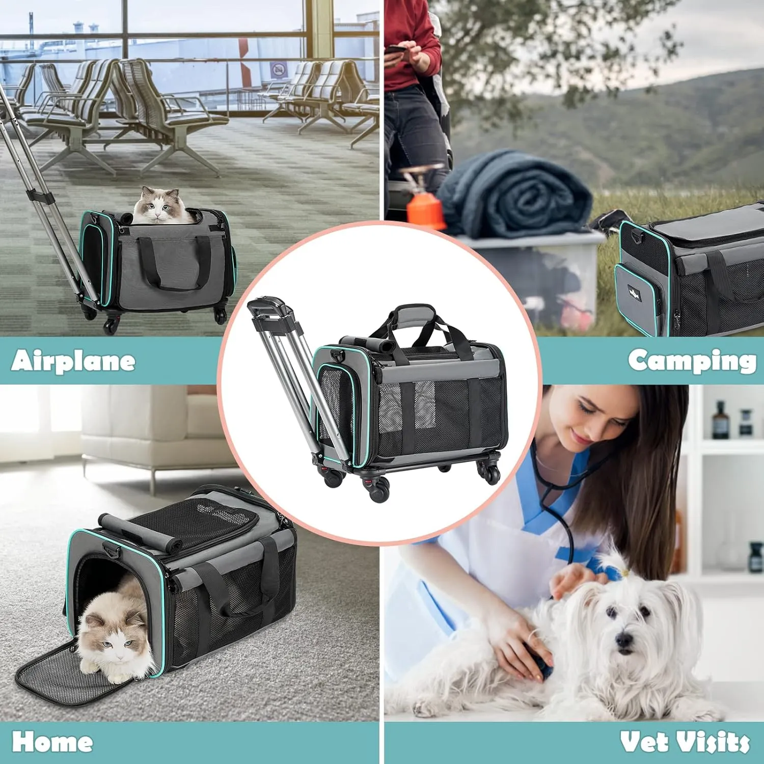 Rolling Pet Carrier with Wheels, Foldable Airline Approved Dog Carriers for Small Dogs and Cats, Cat Carrier on Wheels, Pet Travel Carrier for Flight Camping Outdoor