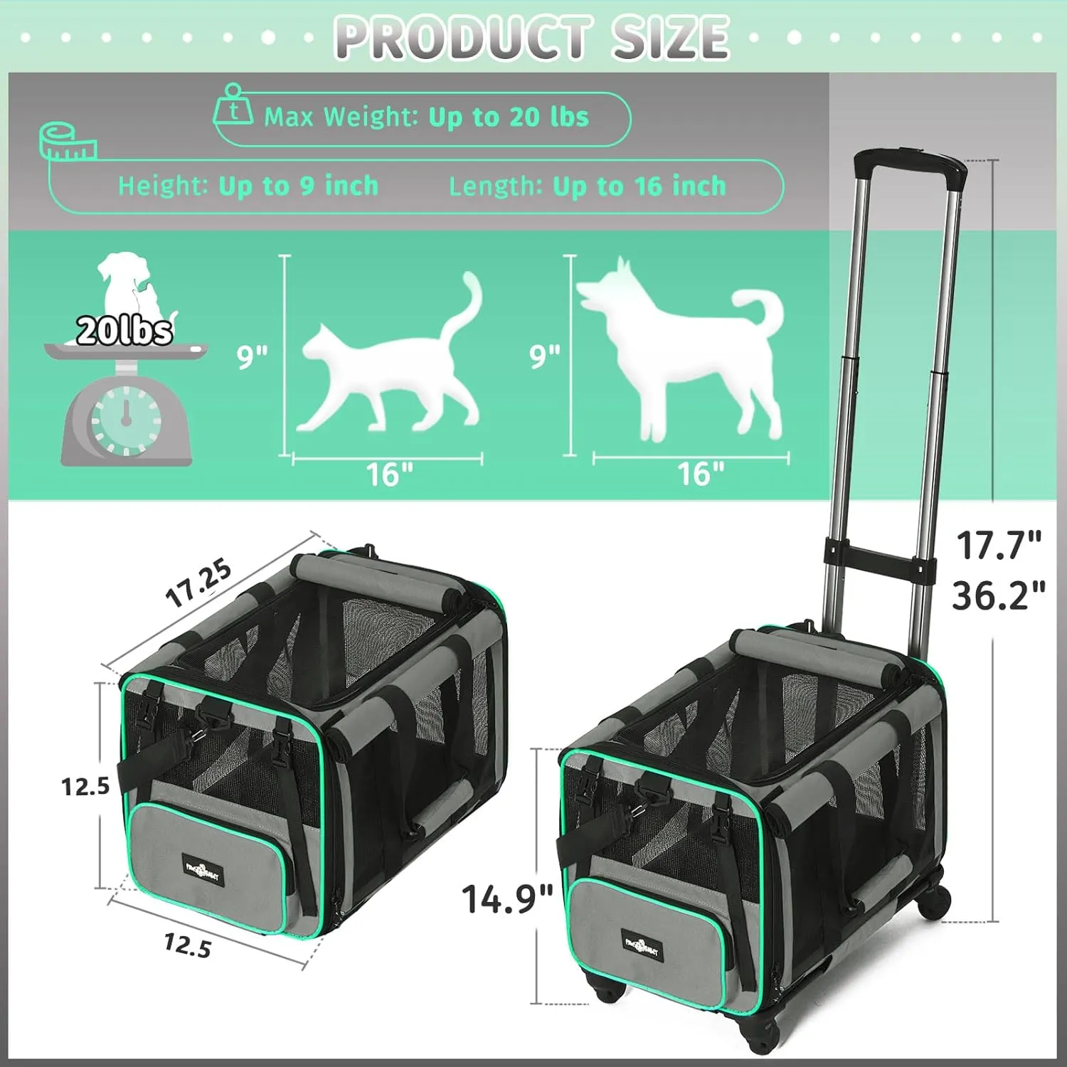 Rolling Pet Carrier with Wheels, Foldable Airline Approved Dog Carriers for Small Dogs and Cats, Cat Carrier on Wheels, Pet Travel Carrier for Flight Camping Outdoor