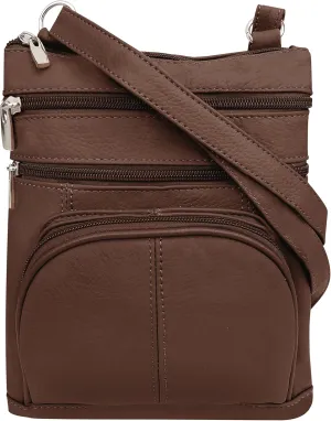 Roma Leathers Crossbody Zippered Purse - 3 Front Pockets, Adjustable Strap - Brown