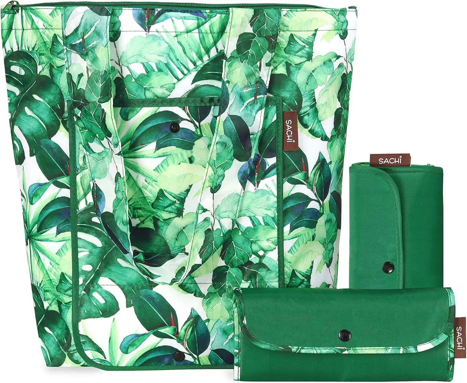 Sachi 3 Piece Market Tote Set – Insulated Thermal Reusable Grocery Bags for Cold and Hot Foods – Lightweight, Portable and Fold-able (Green Tropical Leaf)
