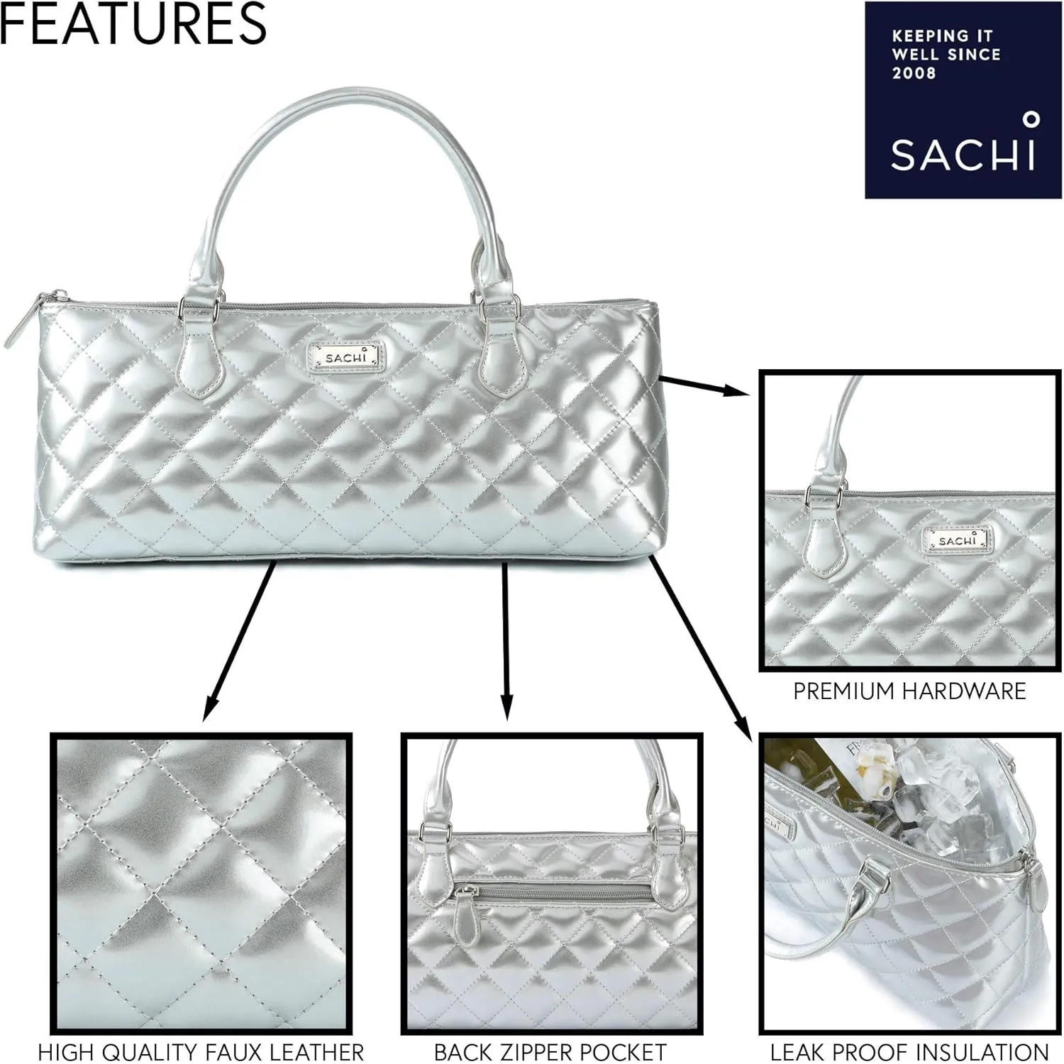 Sachi La Soir'ee Faux Leather Insulated Wine Purse Clutch Tote Handbag | Stylish Women's Wine Carrier Cooler Bag (Silver Quilted)