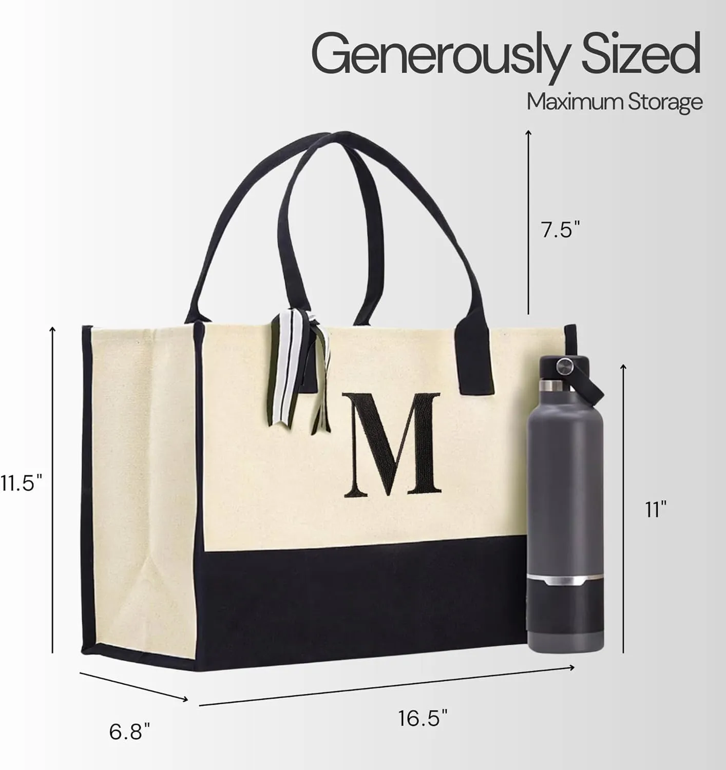Salt Earth 100% Cotton Personalized Everyday Canvas Initial Tote Bag for Women, Monogrammed Large Utility Bag for Beach