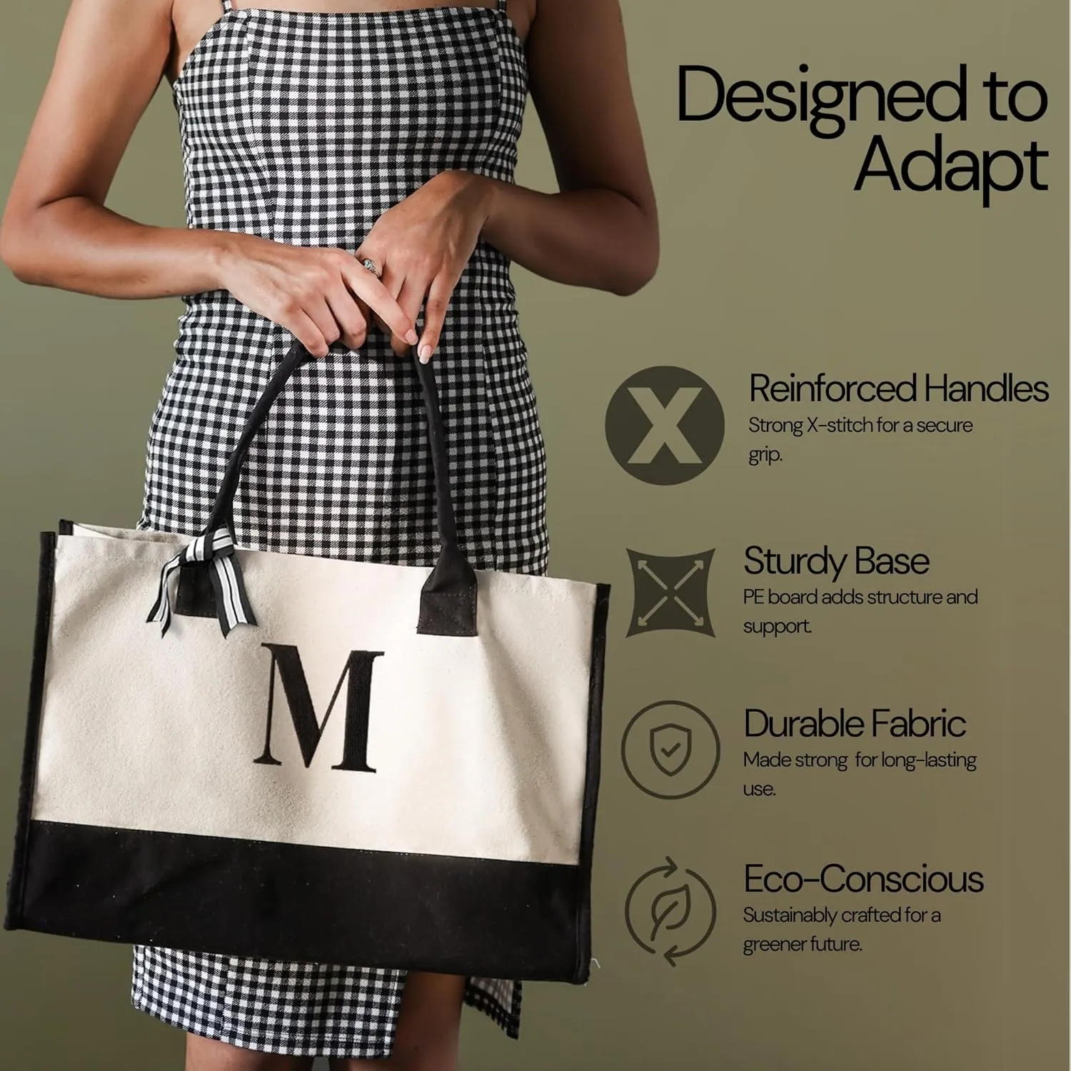 Salt Earth 100% Cotton Personalized Everyday Canvas Initial Tote Bag for Women, Monogrammed Large Utility Bag for Beach