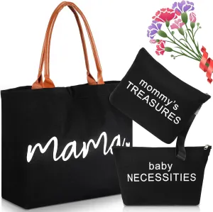 Sanwuta 3 Pcs Mommy Bag for Hospital Diaper Bag Tote Mom Hospital Bag for Labor and Delivery Black Canvas Tote Bag Pouch Mom Diaper Bag for Mother's Day Gift