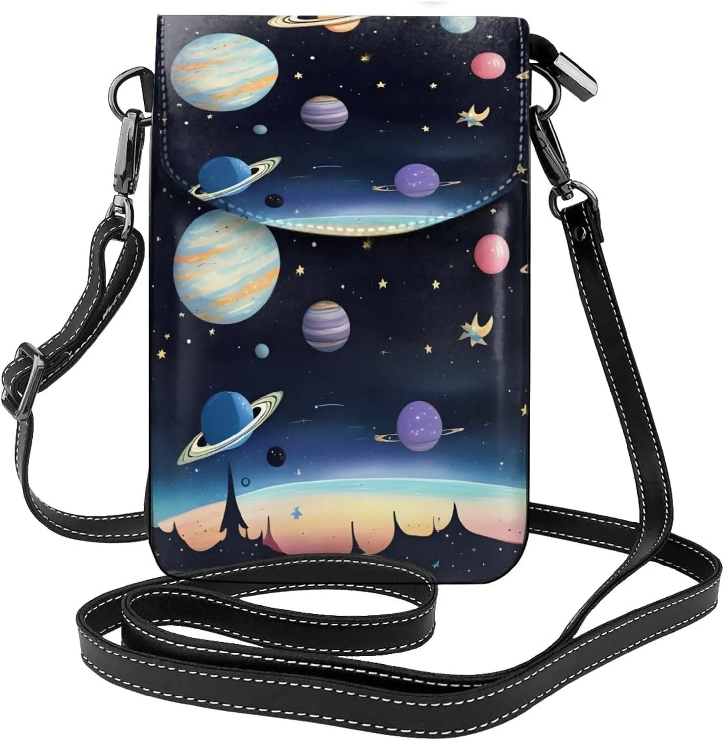 Saturn Jupiter Earth Zippered Crossbody Bag, Women'S Shoulder Bag With Card Slot, Removable Shoulder Strap, 7.6 X 4.9 In.