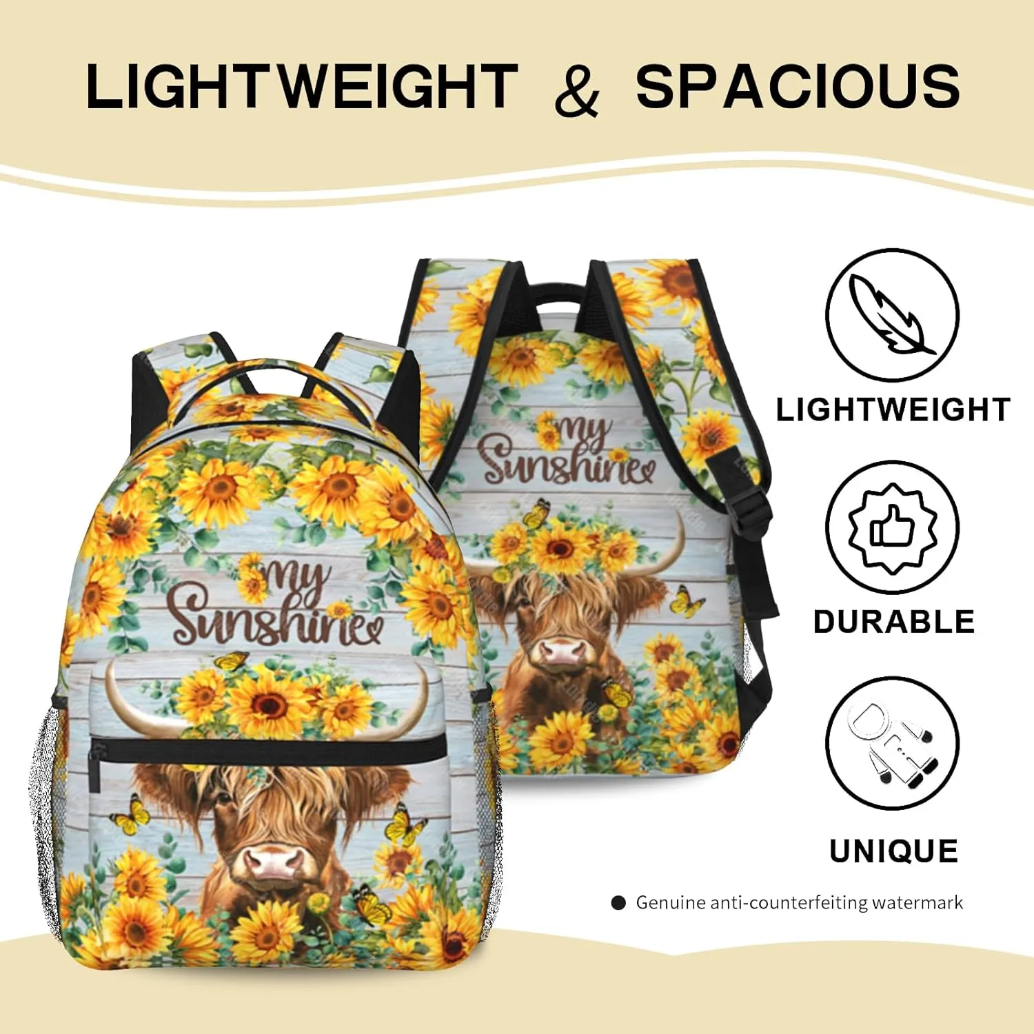 School Backpack for Boys Sunflower Highland Cow Print Backpack for Boys Girls Kids Elementary Preschool Bookbags Back to School Gifts Computer Laptop Backpack