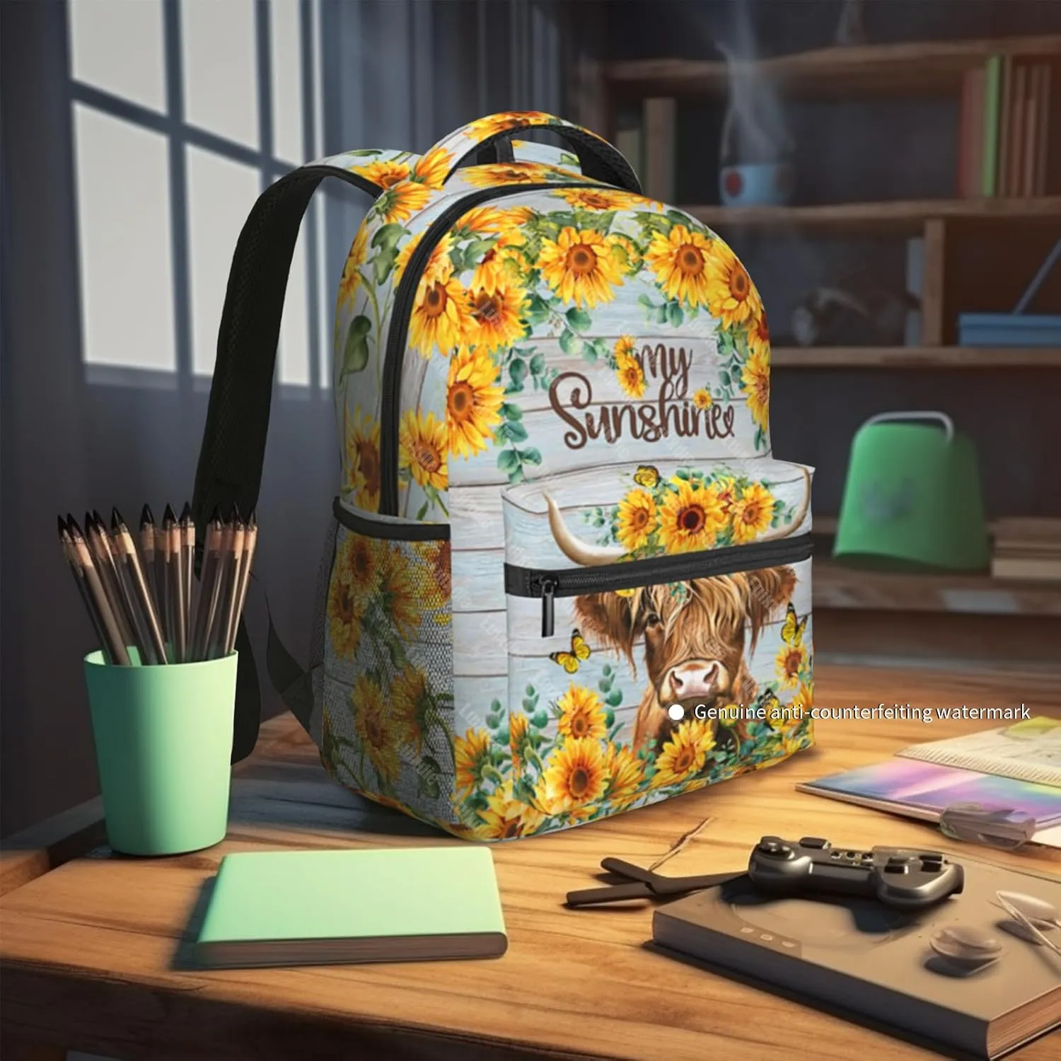 School Backpack for Boys Sunflower Highland Cow Print Backpack for Boys Girls Kids Elementary Preschool Bookbags Back to School Gifts Computer Laptop Backpack
