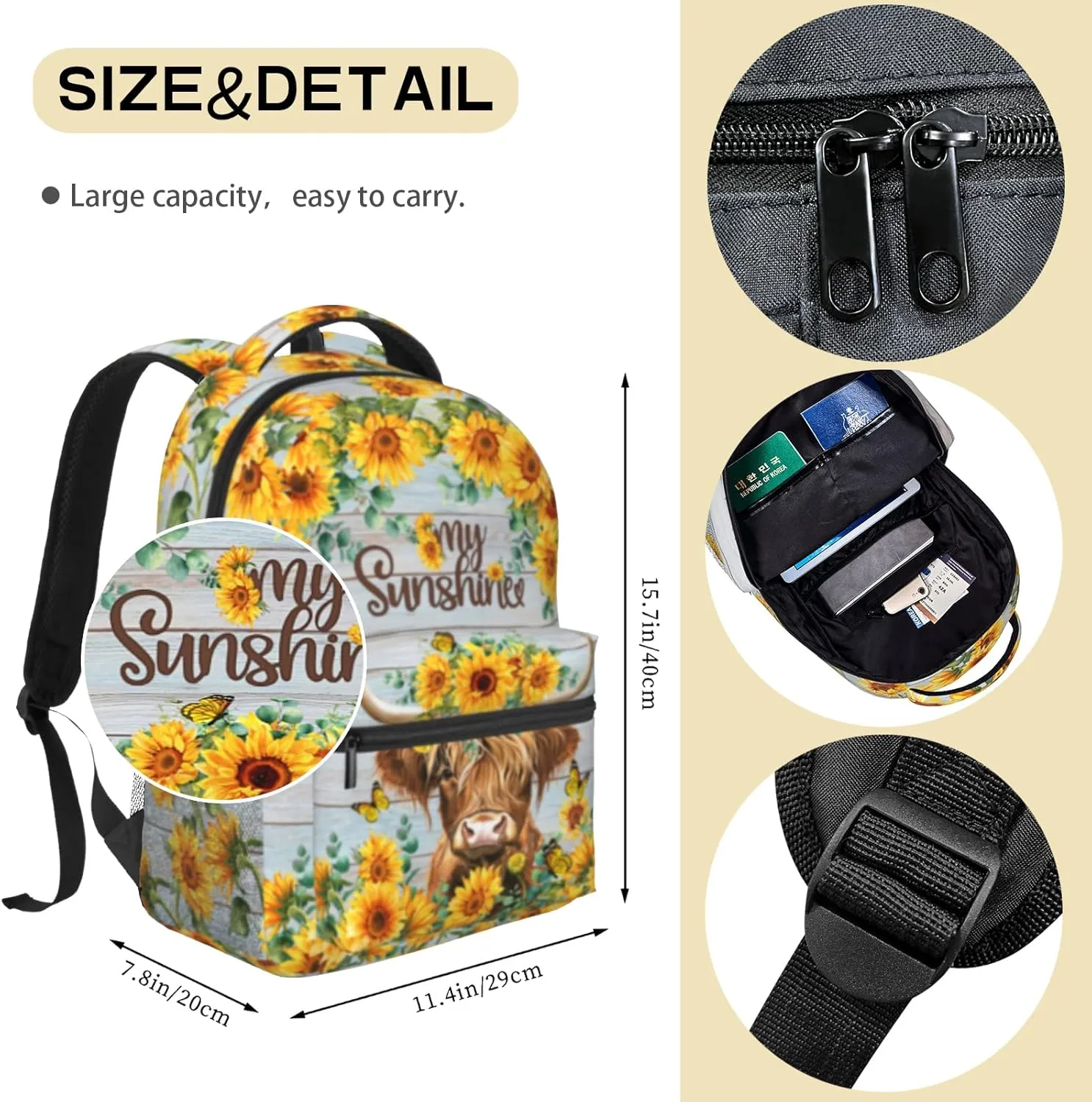 School Backpack for Boys Sunflower Highland Cow Print Backpack for Boys Girls Kids Elementary Preschool Bookbags Back to School Gifts Computer Laptop Backpack