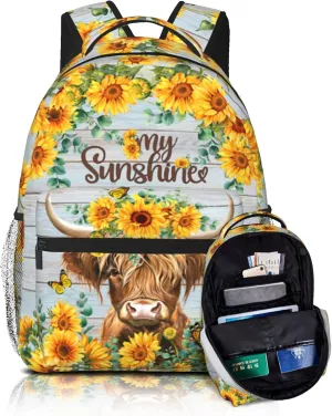 School Backpack for Boys Sunflower Highland Cow Print Backpack for Boys Girls Kids Elementary Preschool Bookbags Back to School Gifts Computer Laptop Backpack