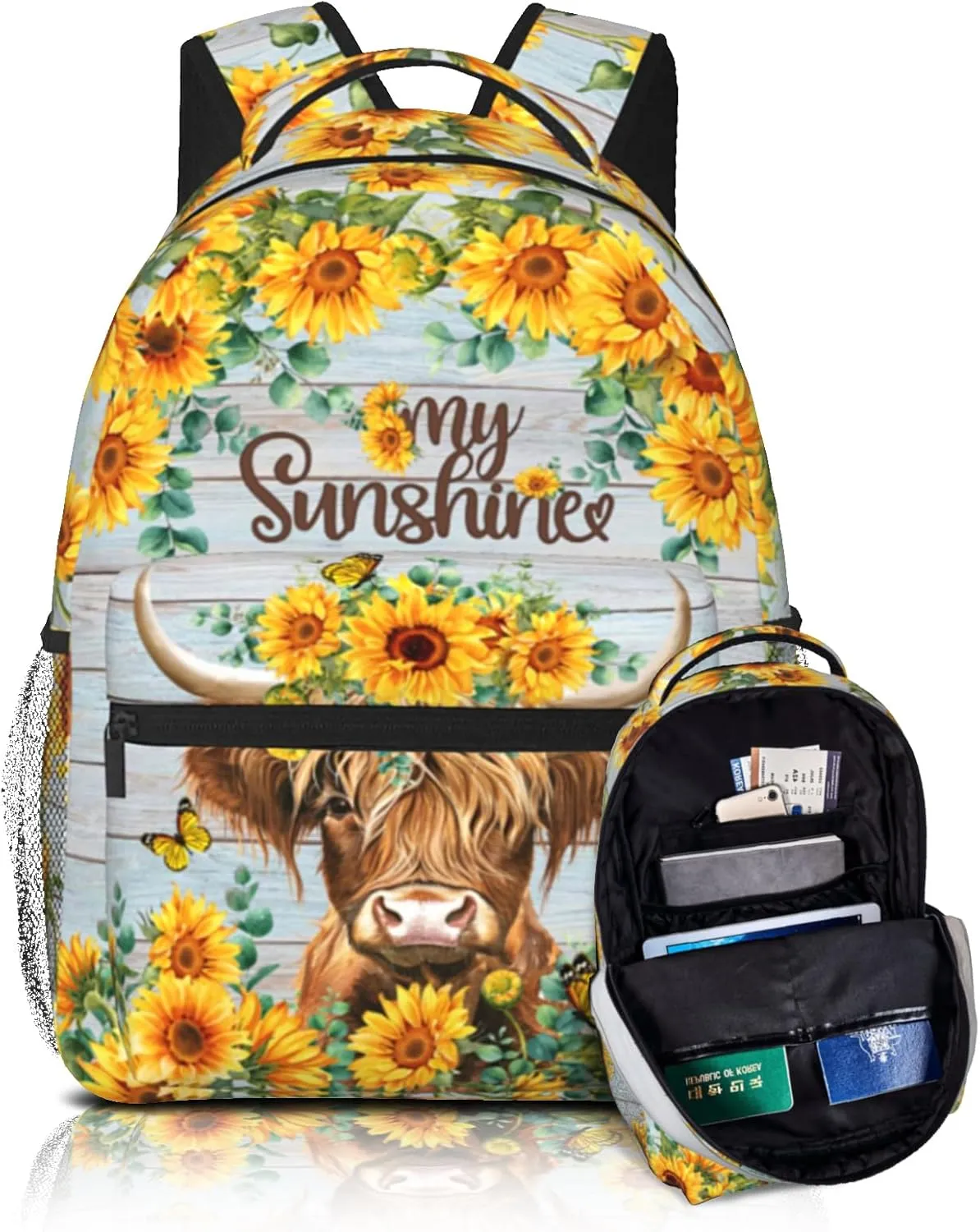 School Backpack for Boys Sunflower Highland Cow Print Backpack for Boys Girls Kids Elementary Preschool Bookbags Back to School Gifts Computer Laptop Backpack