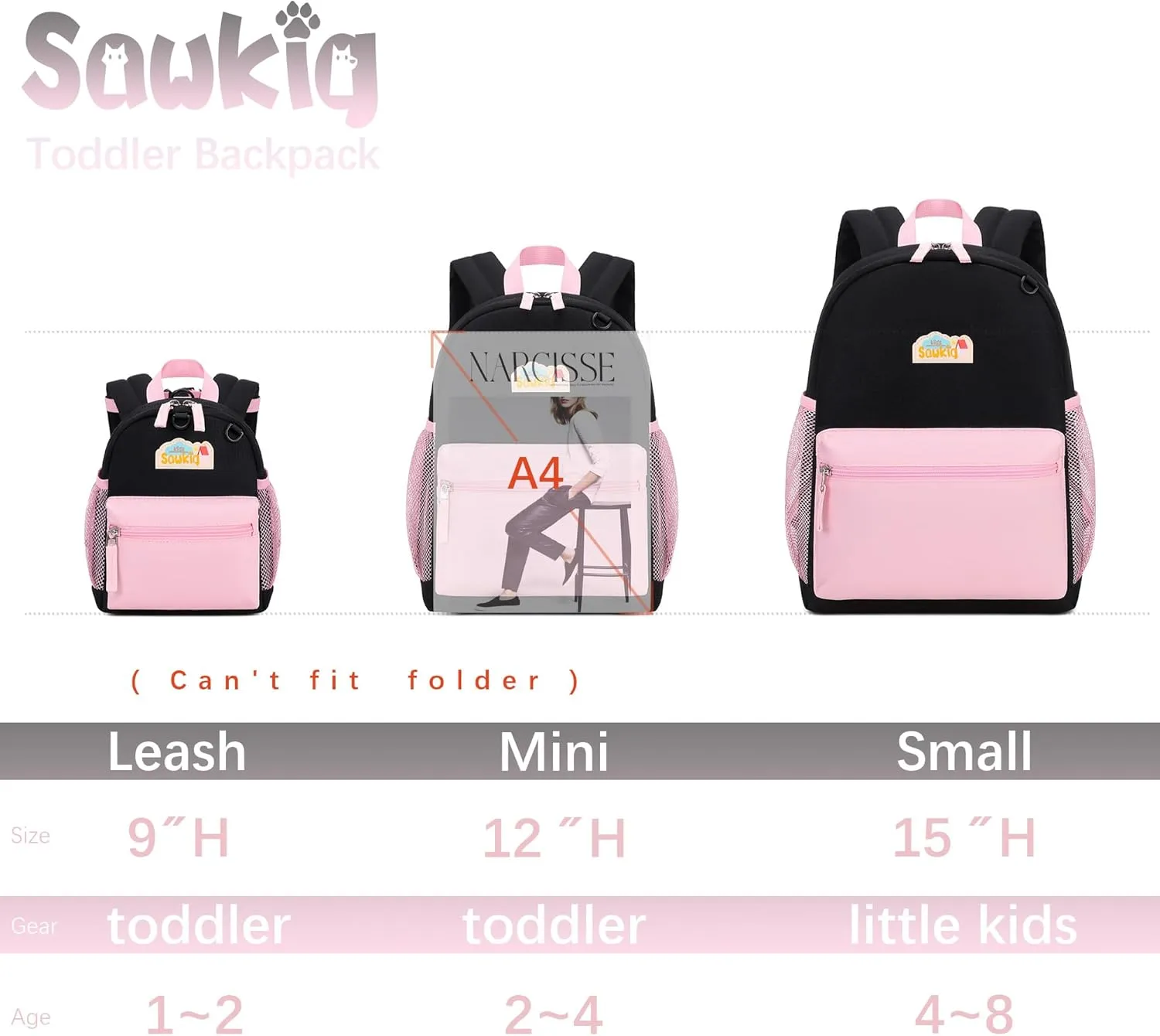 School Backpack for Kindergarten Girls Backpack 15 inch Bookbags for Kids 3-6 (Black and Pink)