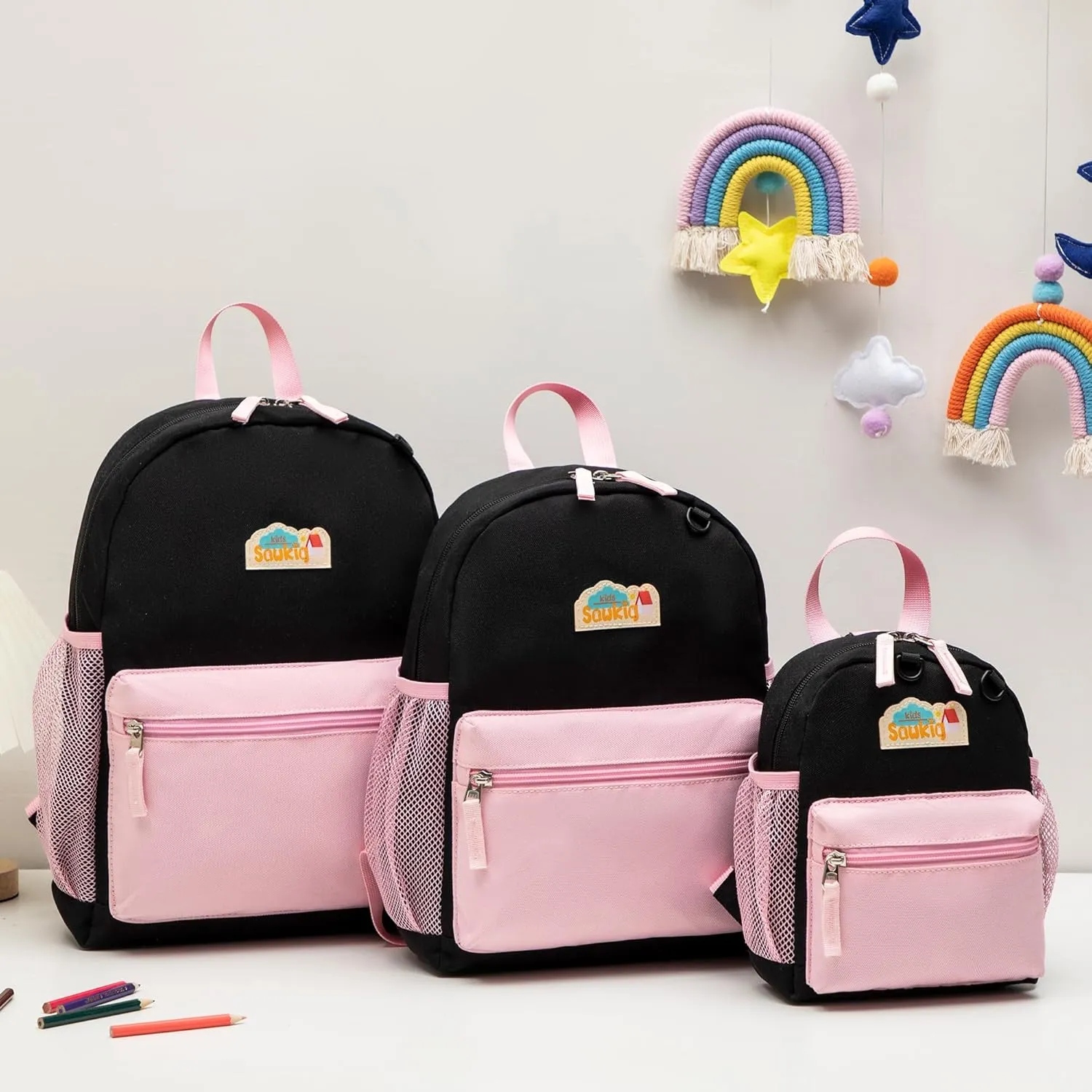 School Backpack for Kindergarten Girls Backpack 15 inch Bookbags for Kids 3-6 (Black and Pink)