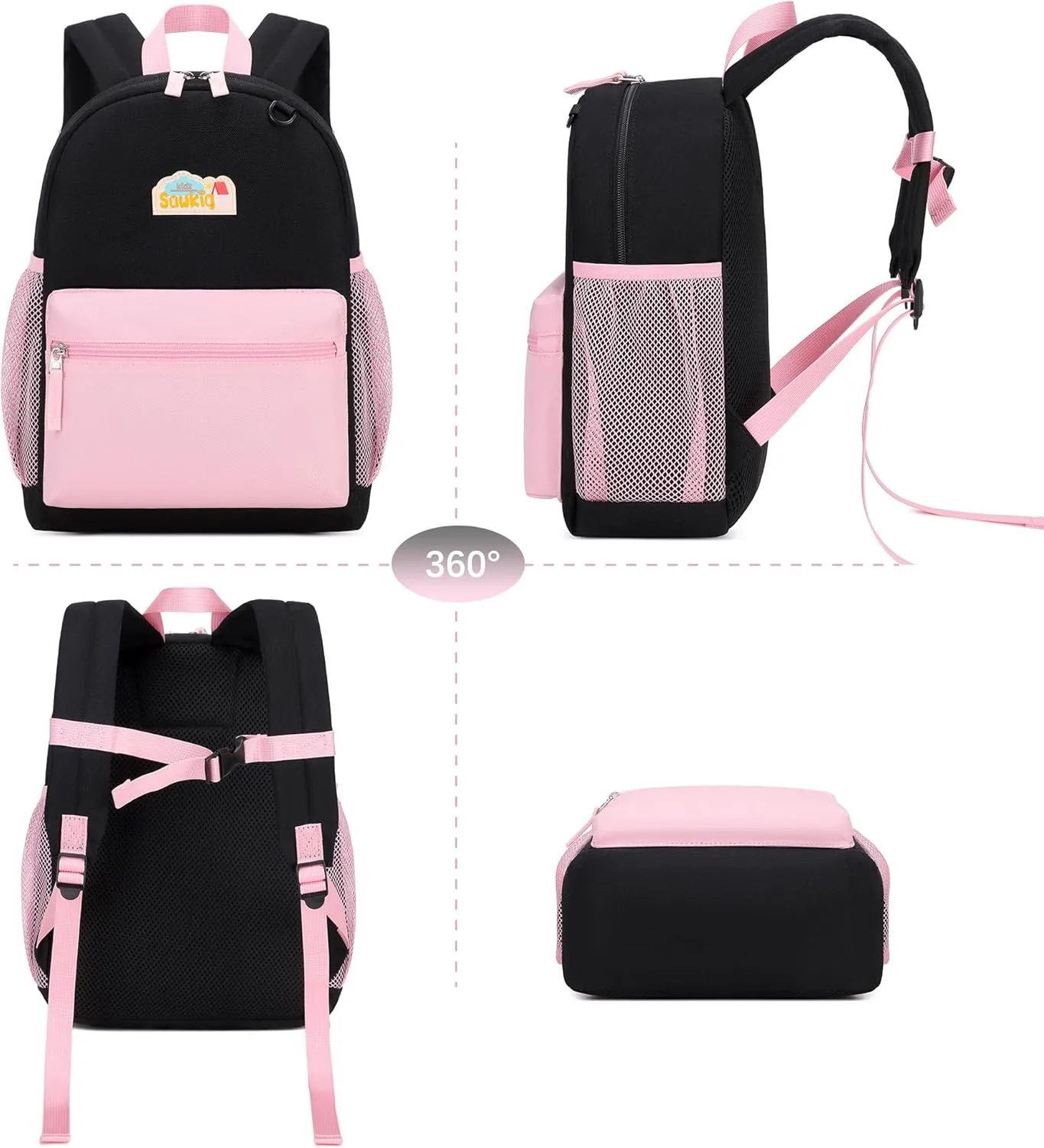 School Backpack for Kindergarten Girls Backpack 15 inch Bookbags for Kids 3-6 (Black and Pink)