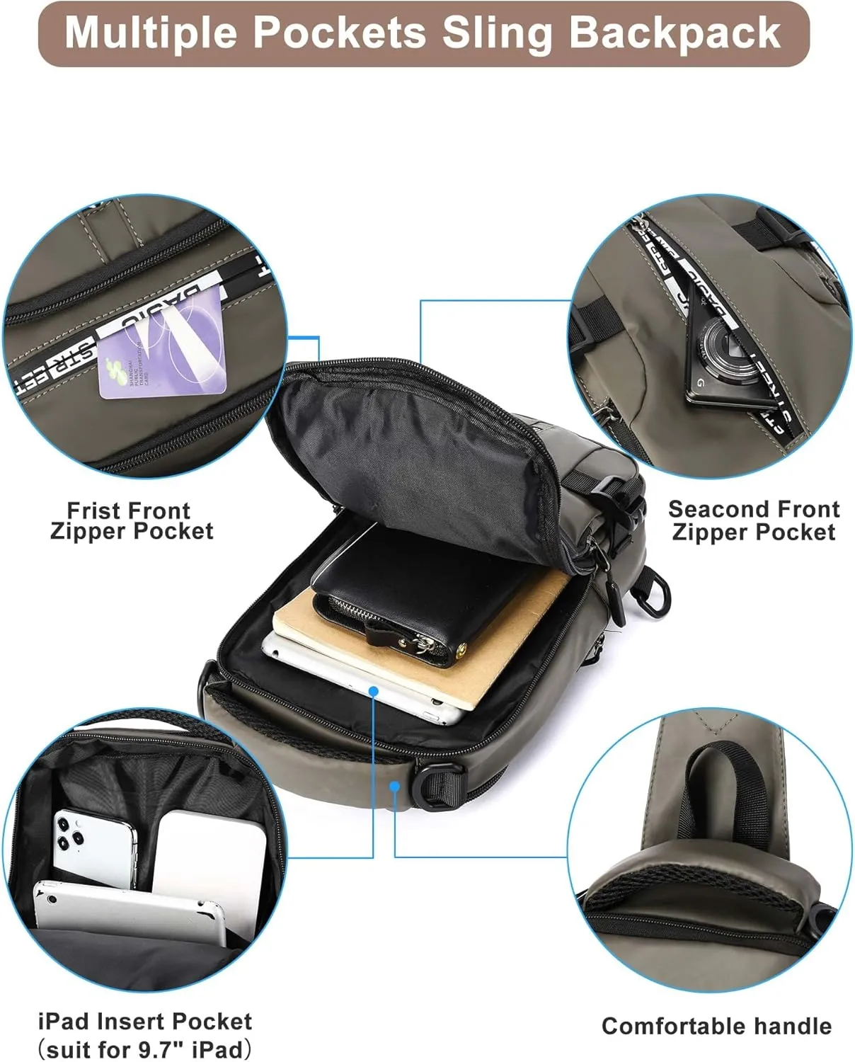 SEAFEW Khaki Sling Crossbody Backpack Shoulder Messenger Bag for Men, Mini Anti Theft One Strap Motorcycle Backpack Sling Tactical Chest Bag for Hiking Walking Biking Travel Cycling