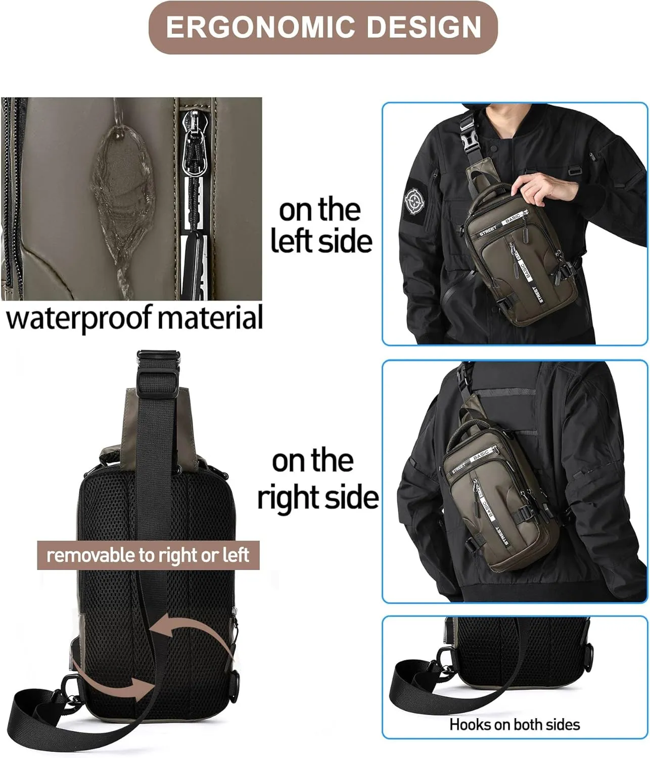 SEAFEW Khaki Sling Crossbody Backpack Shoulder Messenger Bag for Men, Mini Anti Theft One Strap Motorcycle Backpack Sling Tactical Chest Bag for Hiking Walking Biking Travel Cycling
