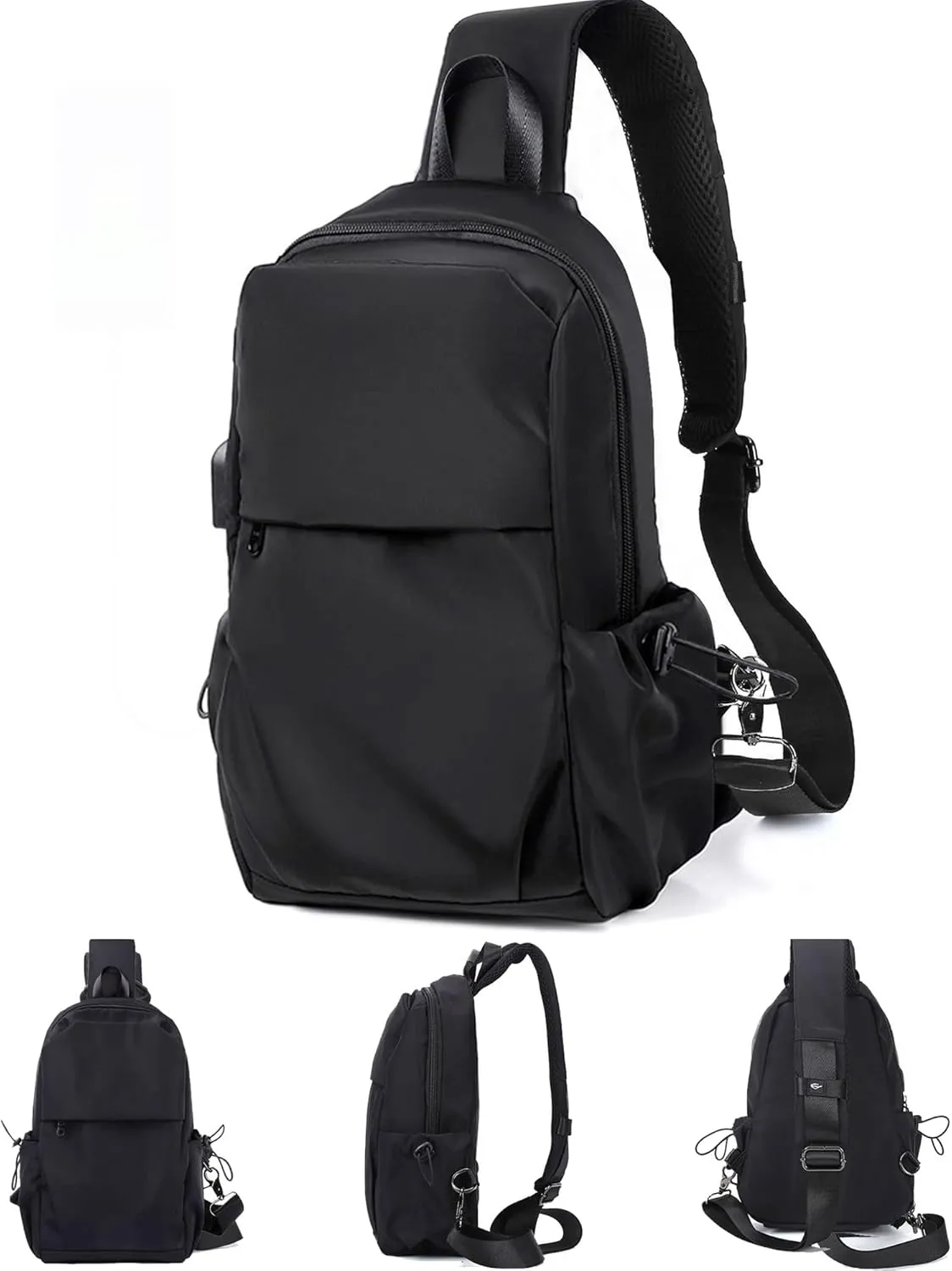 SEAFEW Small Black Sling Crossbody Backpack Shoulder Bag for Men Women, Lightweight One Strap Back Pack Sling Bag Backpack for Hiking Walking Biking Travel Cycling USB Charger Port-Nylon
