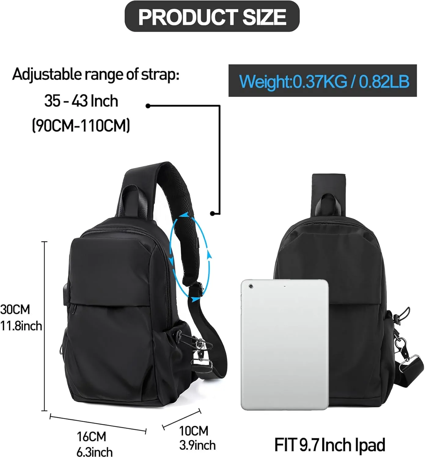 SEAFEW Small Black Sling Crossbody Backpack Shoulder Bag for Men Women, Lightweight One Strap Back Pack Sling Bag Backpack for Hiking Walking Biking Travel Cycling USB Charger Port-Nylon
