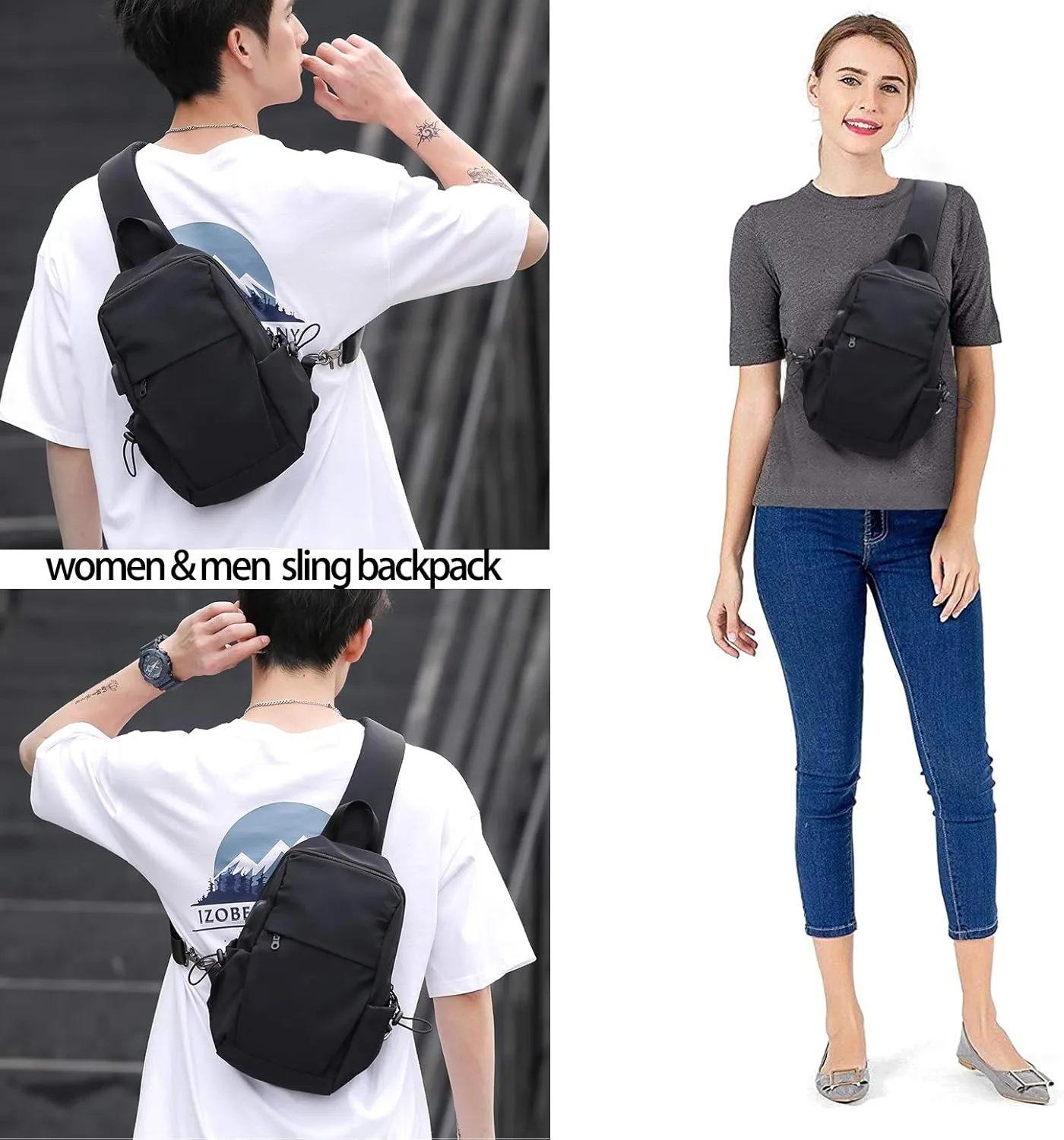 SEAFEW Small Black Sling Crossbody Backpack Shoulder Bag for Men Women, Lightweight One Strap Back Pack Sling Bag Backpack for Hiking Walking Biking Travel Cycling USB Charger Port-Nylon