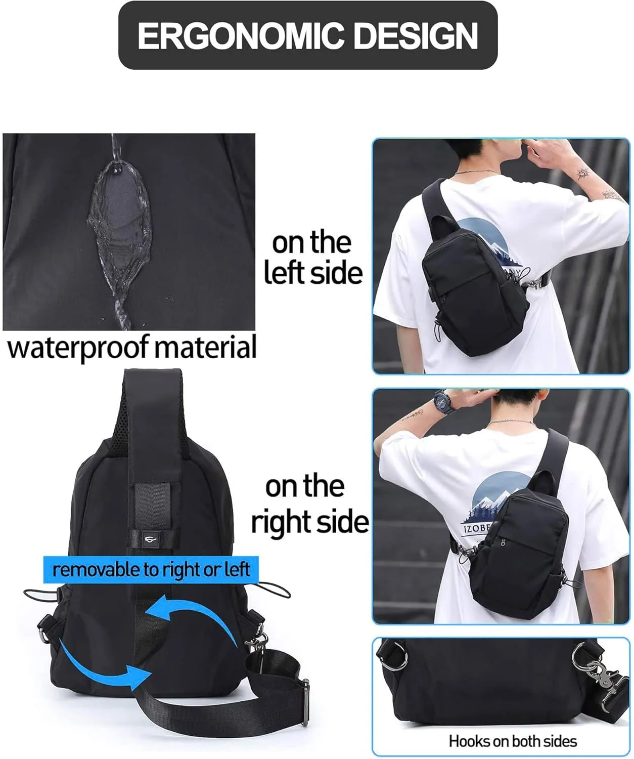 SEAFEW Small Black Sling Crossbody Backpack Shoulder Bag for Men Women, Lightweight One Strap Back Pack Sling Bag Backpack for Hiking Walking Biking Travel Cycling USB Charger Port-Nylon