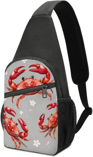 Seafood Marine Crabs Cherry Flowers Sling Bag Travel Daypack Crossbody Shoulder Backpack for Hiking Cycling