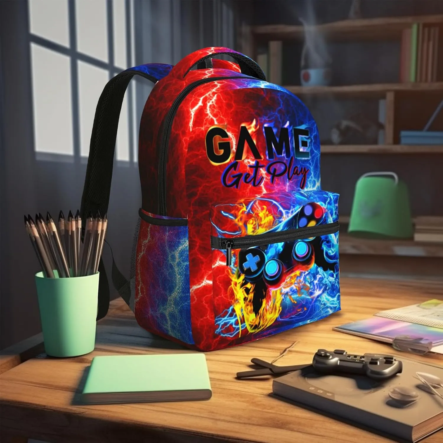 SENROLAN Abstract Gamepad Backpack for Boys & Girls Lightning Fire Games Gaming Print Bookbags Lightweight Waterproof Adjustable Colorful School Bags for Kids Teenager Travel Daypack Laptop Backpack