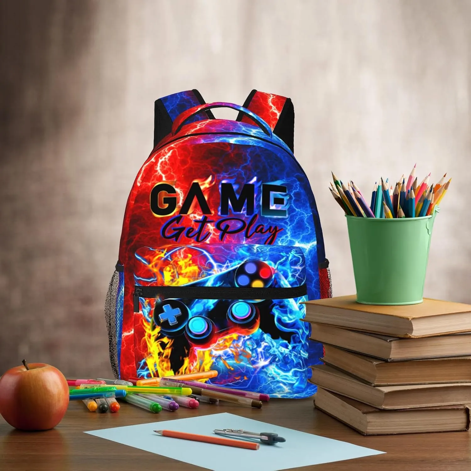 SENROLAN Abstract Gamepad Backpack for Boys & Girls Lightning Fire Games Gaming Print Bookbags Lightweight Waterproof Adjustable Colorful School Bags for Kids Teenager Travel Daypack Laptop Backpack